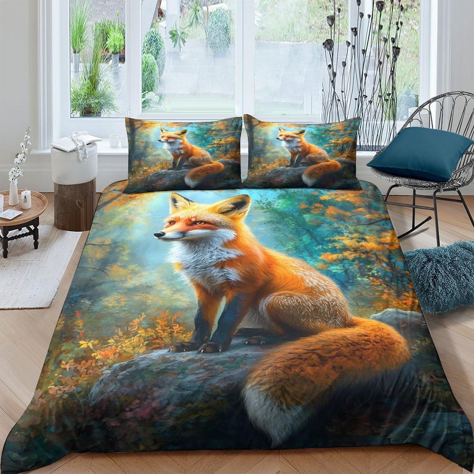 Ctjqhvkz Style-9 3D Printed Forest Fox Fitted Sheet Microfiber Soft Orange Animal Pattern Mattress Cover For Bedroom Guest Room Dorm Single（135X200cm）