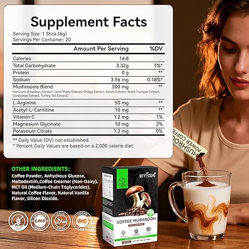 Miniatura 2 de BIYODE Café de hongos con melena de león, 8 hongos funcionales, aminoácidos y electrolitos, claridad mental, energía y apoyo para la salud