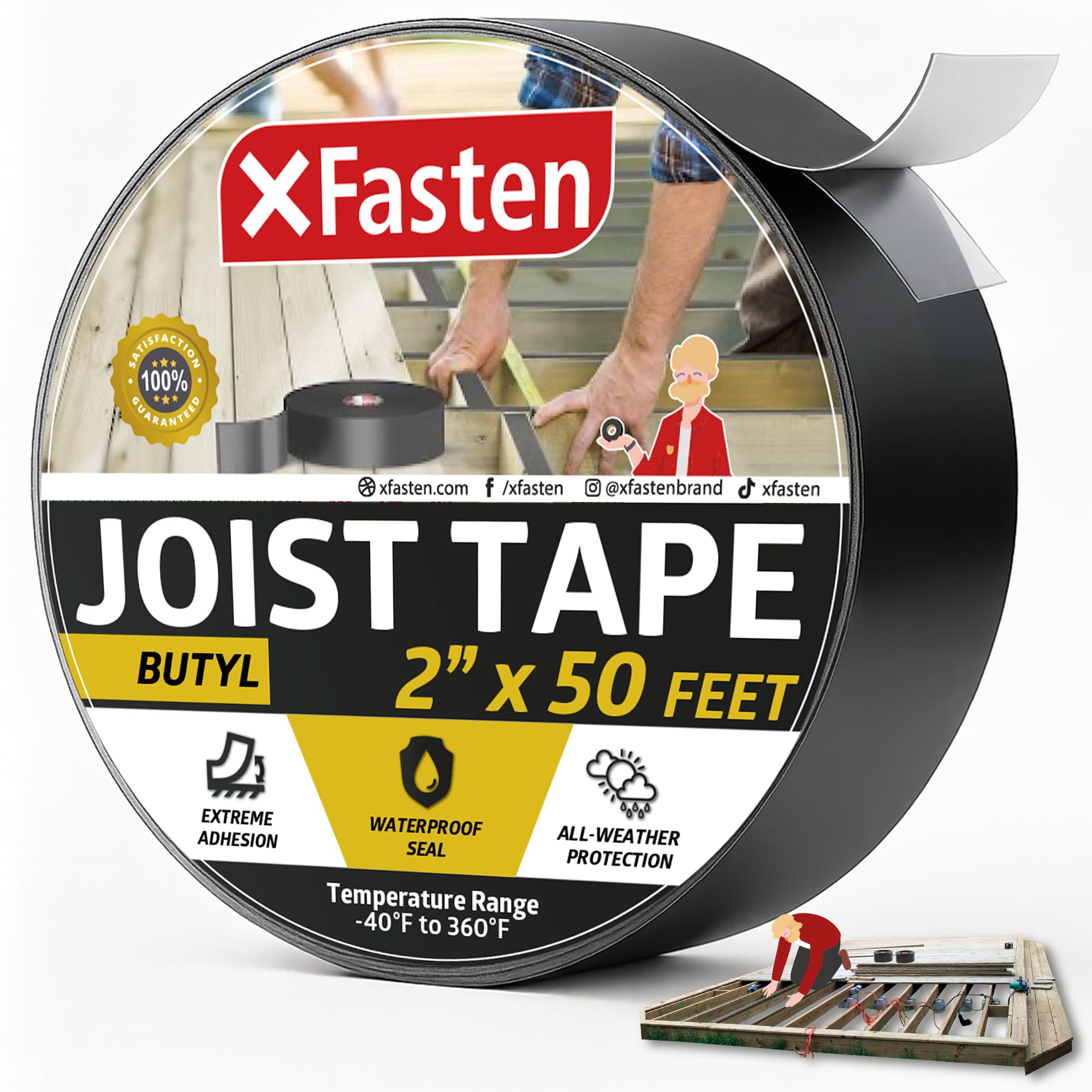 XFasten Butyl Joist Tape for Decking, 2 Inch x 50 Feet, Professional Butyl Deck Joist Tape 2 Inch Waterproof Roof Sealant Flashing Tape, Black