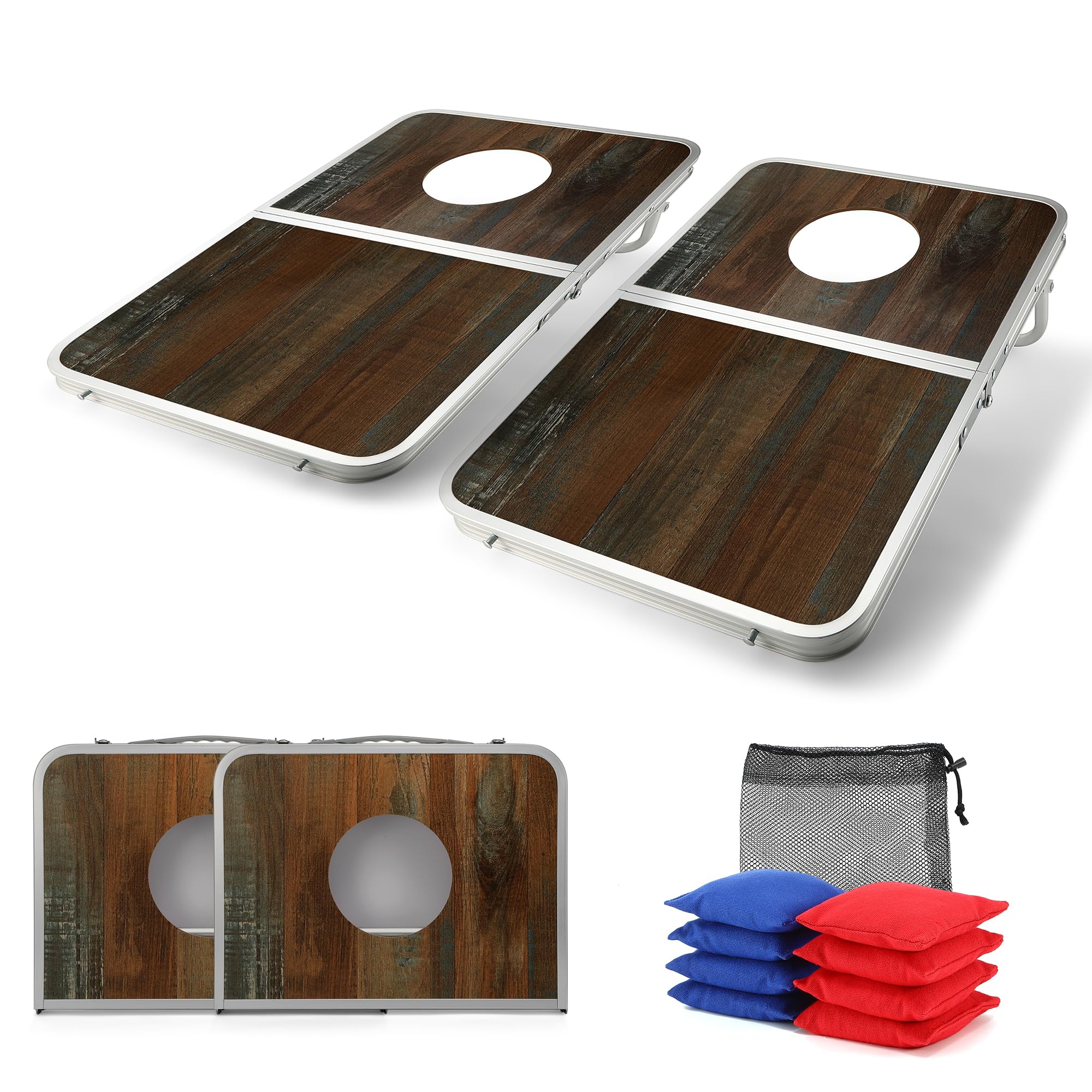 Przenośny zestaw planszy Cornhole z obrzeżami ze stopu aluminium, składany otwór na kukurydzę dla dorosłych i rodziny, z 8 workami do siedzenia na zewnątrz, podwórko, podróż, tylna klapa