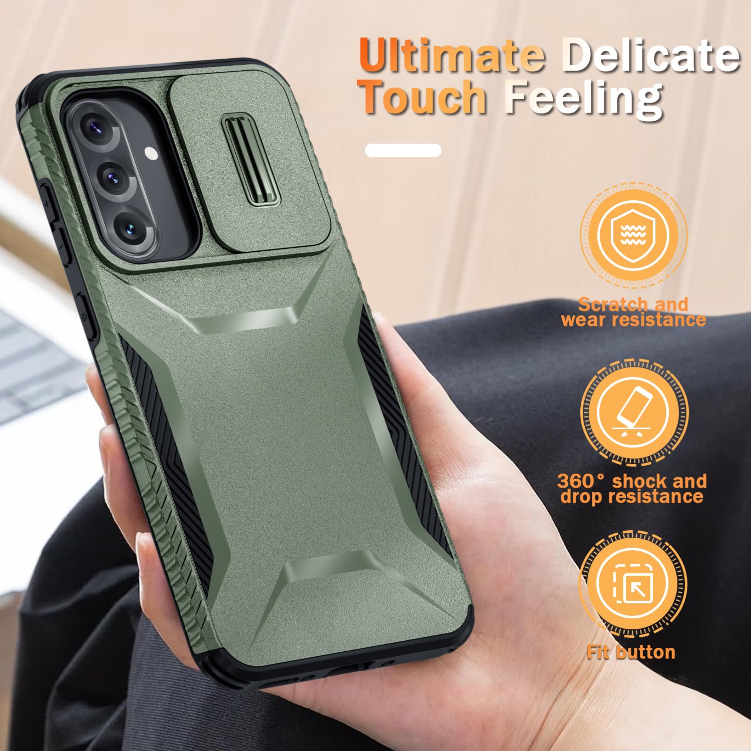 Funda compatible con Samsung Galaxy A36/A56 con cubierta de cámara deslizante + protector de pantalla, protección contra caídas de grado militar, resistente y a prueba de golpes, color verde