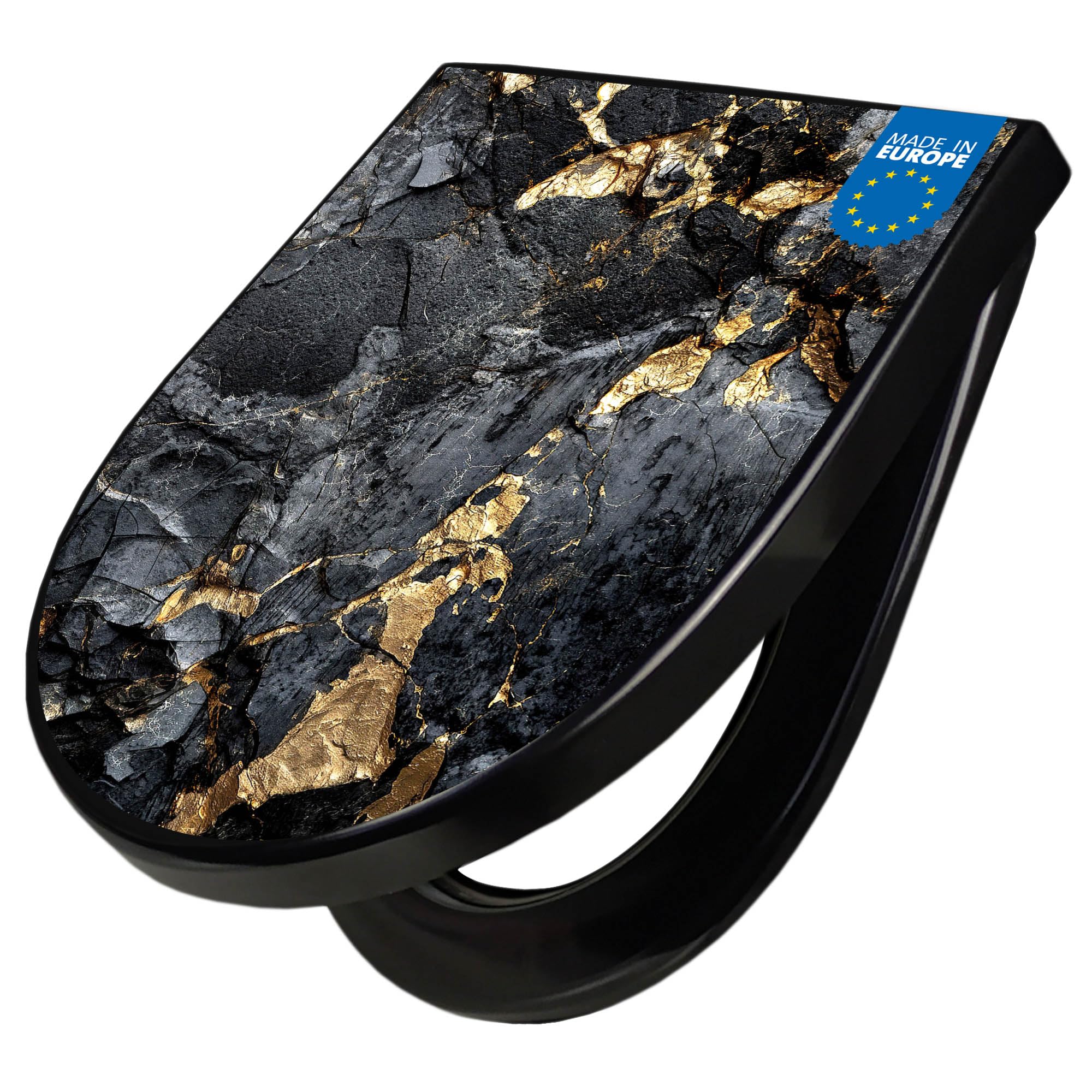 banjado WC Sitz mit Absenkautomatik D Form - Toilettendeckel mit Absenkautomatik D Form - Klodeckel Softclose - stabile Klobrille - Toilettensitz Schwarz - Motiv Schwarzer Marmor mit Gold 1