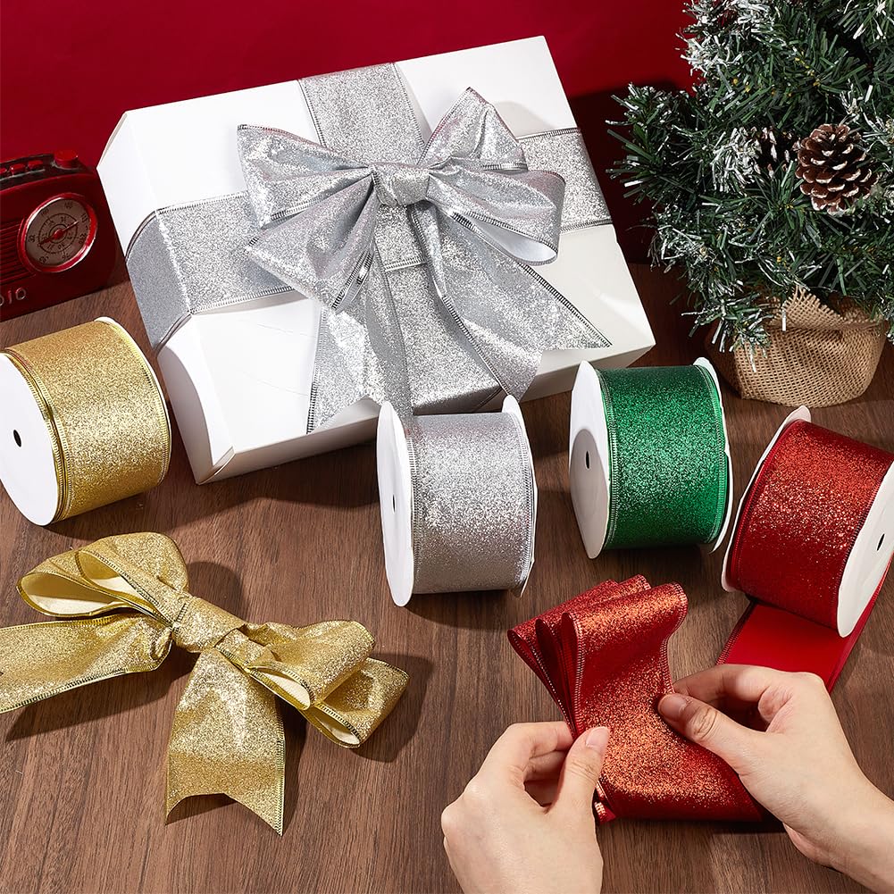PH PandaHall 36.6m Nastro Natale 4 Colori Nastro con Glitter, 63mm Nastri Argento Oro Verde Rosso per Ghirlande di Natale e Confezione Regali, 9.14m/Colori