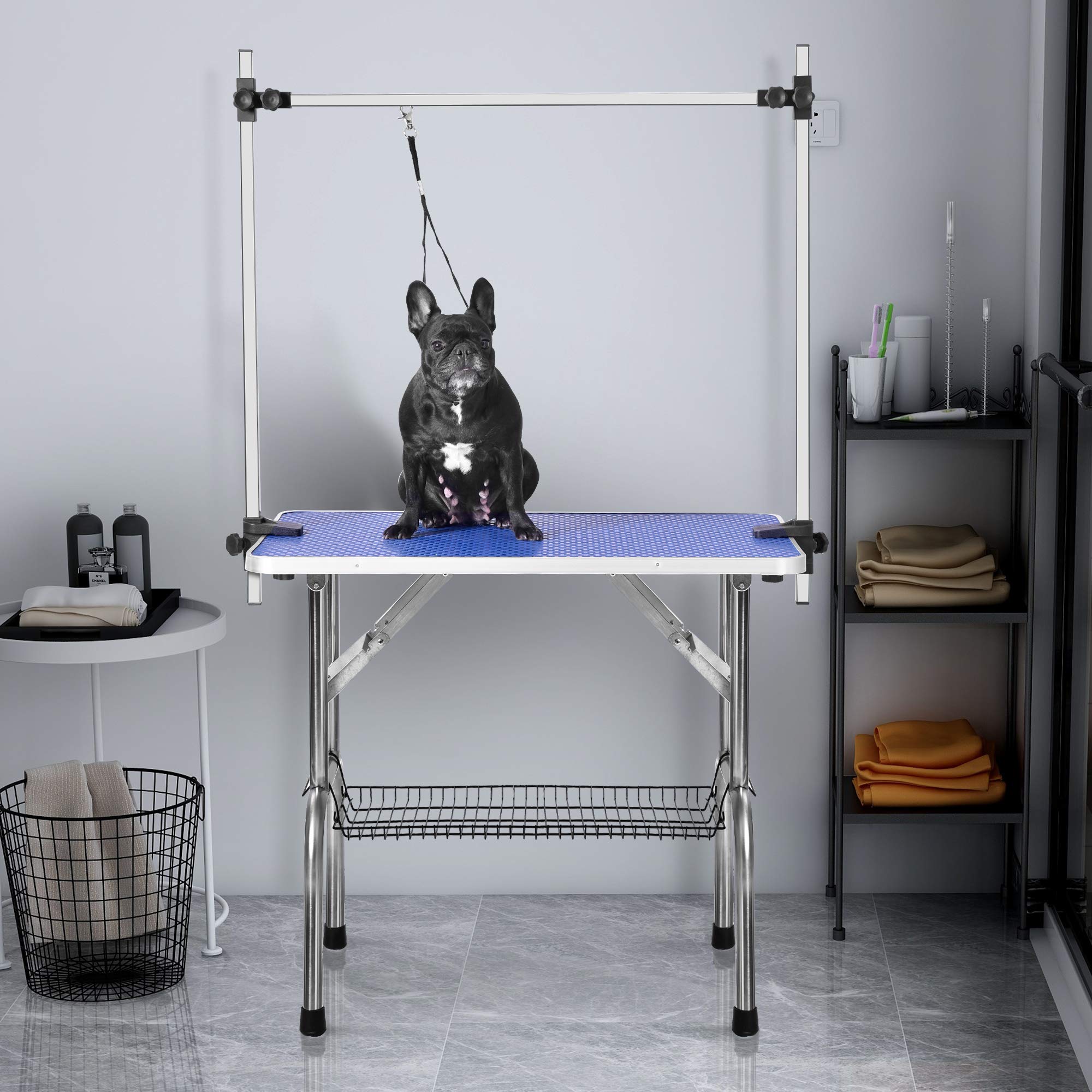 Mesa de aseo para mascotas, altura ajustable, antideslizante, mesa de aseo profesional para perros grandes, extragrande, 117 x 61 x 76 cm, plegable y portátil, color azul
