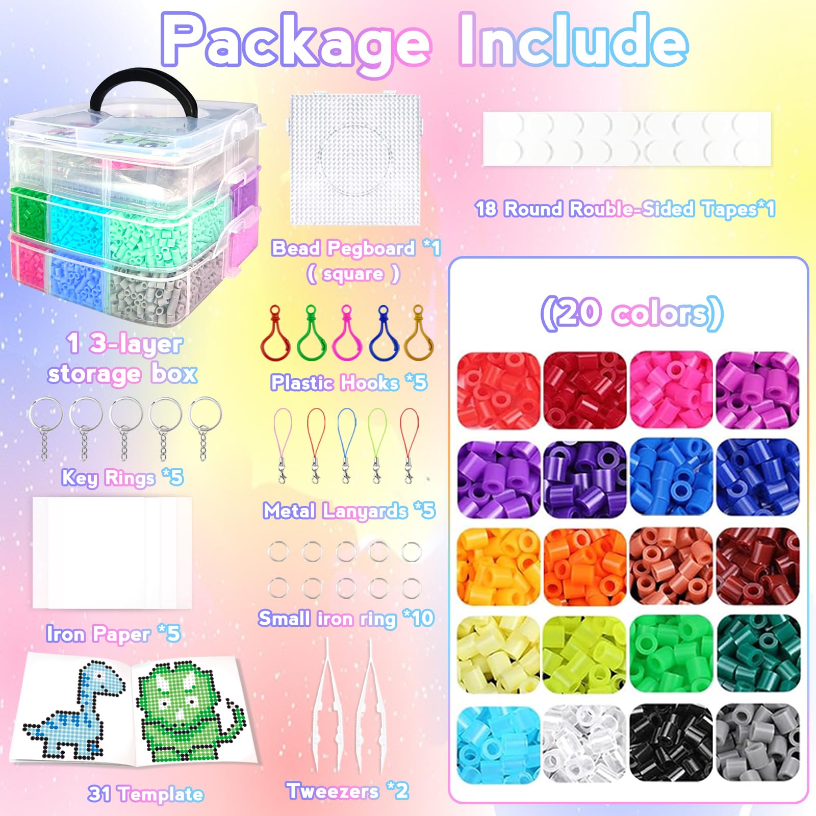 Cuentas Para Planchar, 11000 Piezas 5MM Abalorios Fusibles de 20 Colores Set con Caja de Almacenamiento, Guía del Usuario, Diseño DIY de Joyas.Kit Manualidades Niños, Regalo Navidad y Cumpleaños