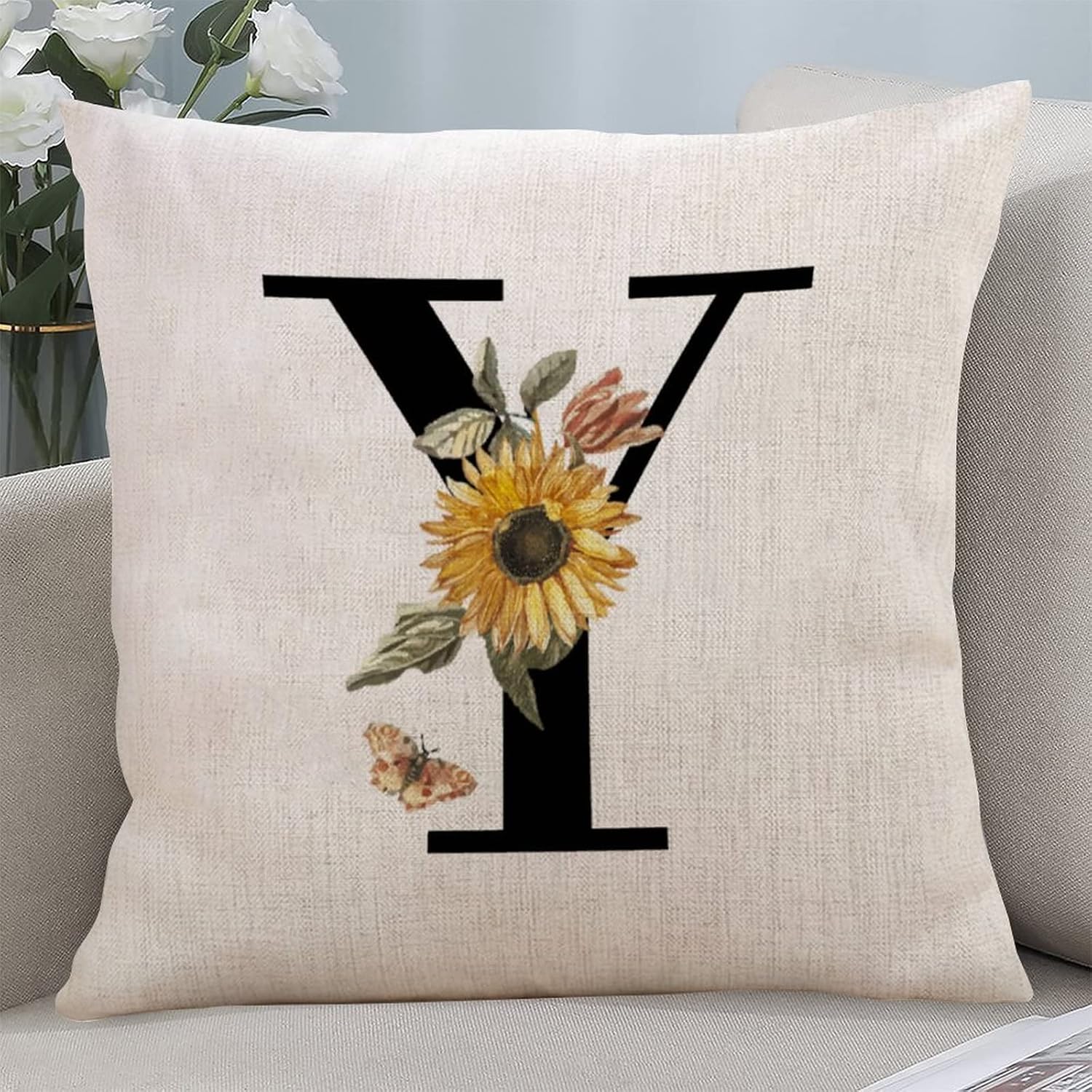 16x16 Inch Throw Pillow Cover Y Black Floral Monogram Letter and