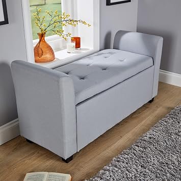 Home Source Storage Ottoman Window Seat, Fabric Footstool Bench, Lift Up Lid Chest, Bedding Blanket Box, 120cm, Grey Linen