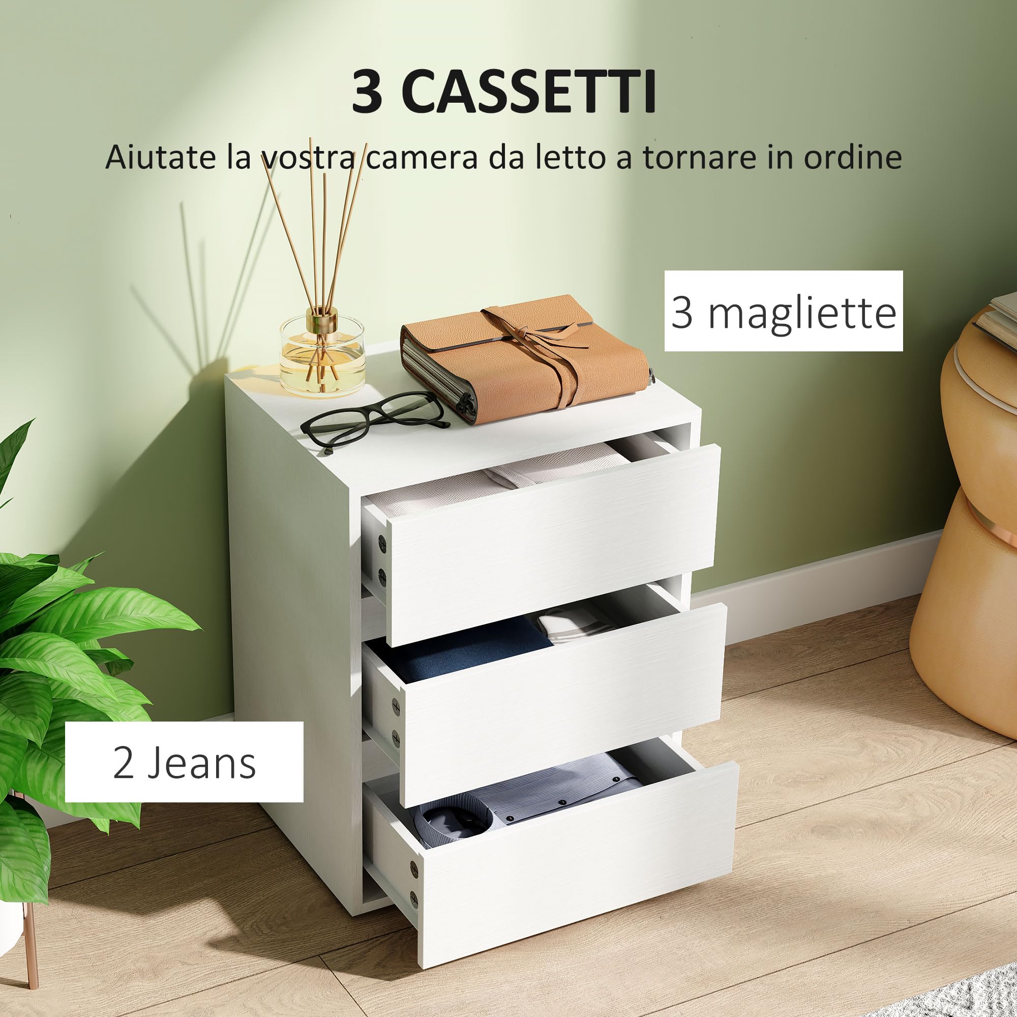 HOMCOM Cassettiera Moderna 3 Cassetti per Corridoio 40x30x50.5 cm Bianco
