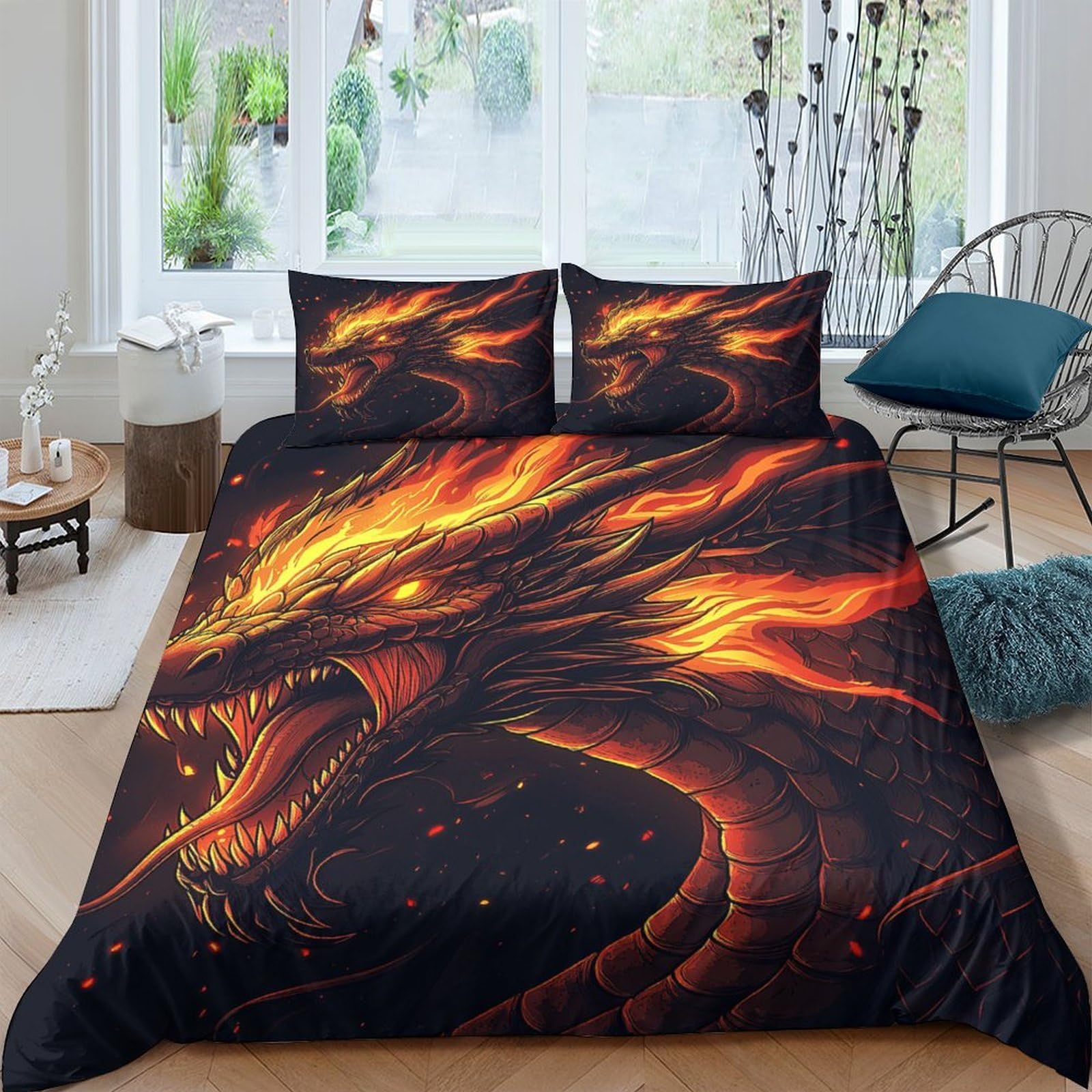 Ctjqhvkz Style-1 3D Printed Fire Dragon Fitted Sheet Microfiber Soft Breathable Lava Night Bed Cover For Bedroom Dorm Decor Single（135X200cm）