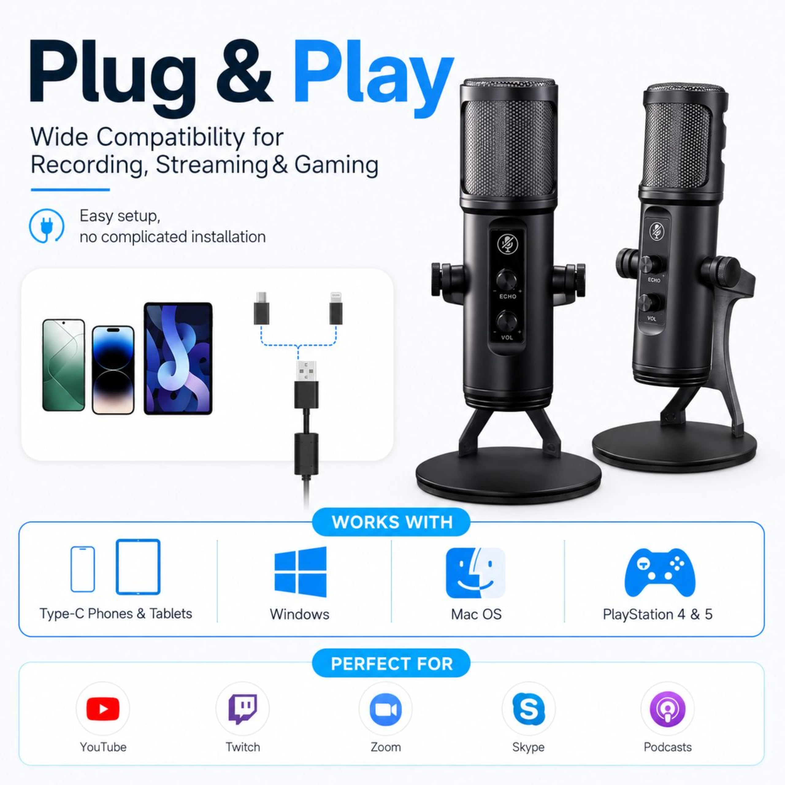 Microphone Condensateur RGB USB PC PS4/PS5 avec Réduction du Bruit