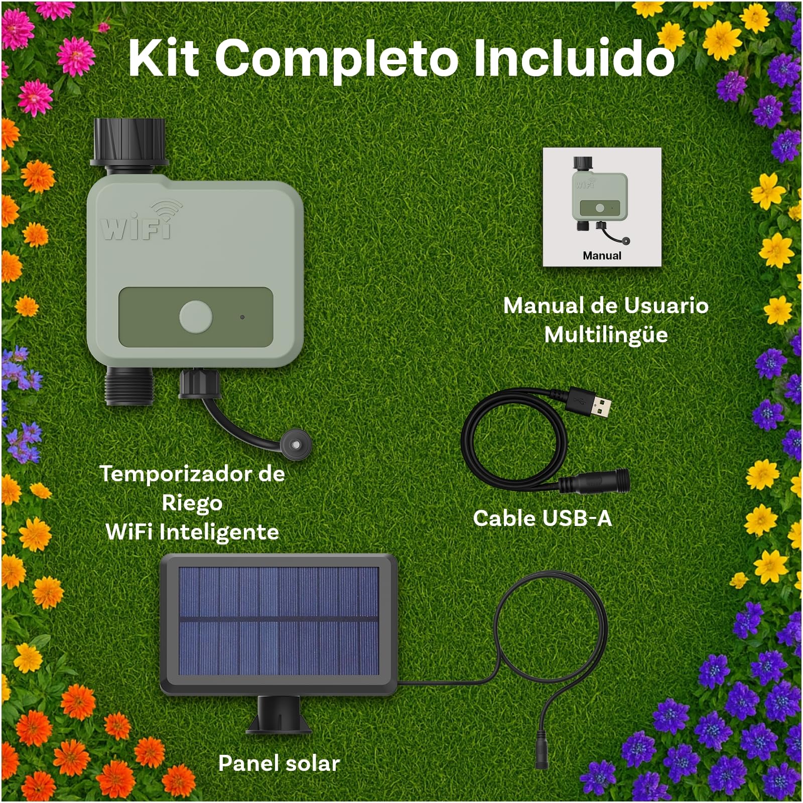 Temporizador de Riego WiFi Inteligente por MMOBIEL - Programador de Riego con Alimentación Solar y USB - Alcance Inalámbrico de 30m (WiFi + Solar Powered)