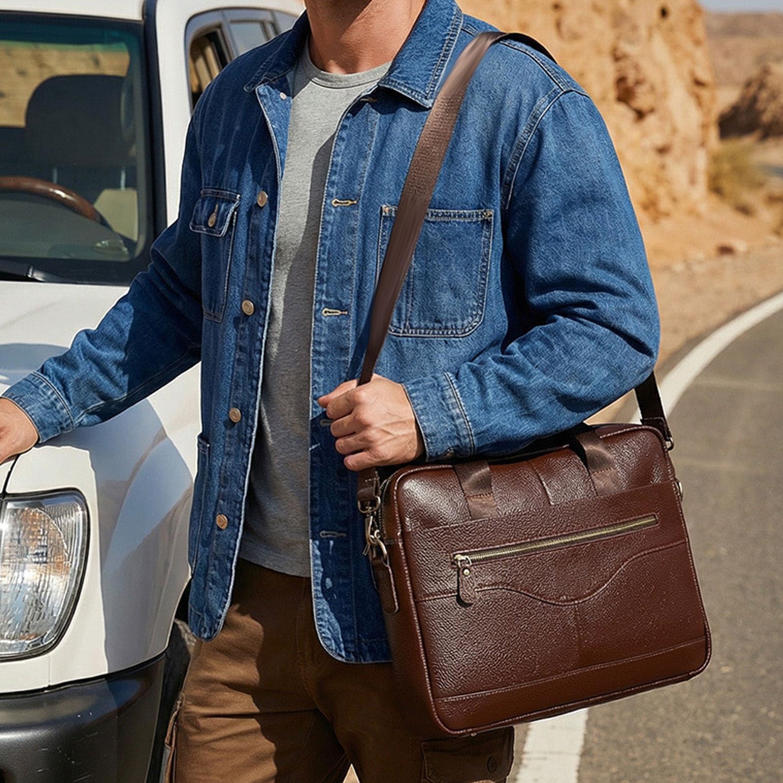 Asixxsix Borsa Porta Laptop in Pelle per Uomo