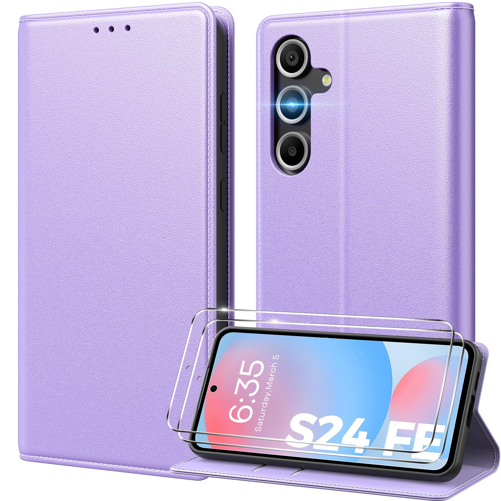 Peakally Handyhülle für Samsung Galaxy S24 FE Hülle [Mit 2 Stück Panzer Schutz Glas] [Premium PU Leder] [Kartenfach] [Ständer] Klapphülle Kompatibel mit Galaxy S24 FE, Lila