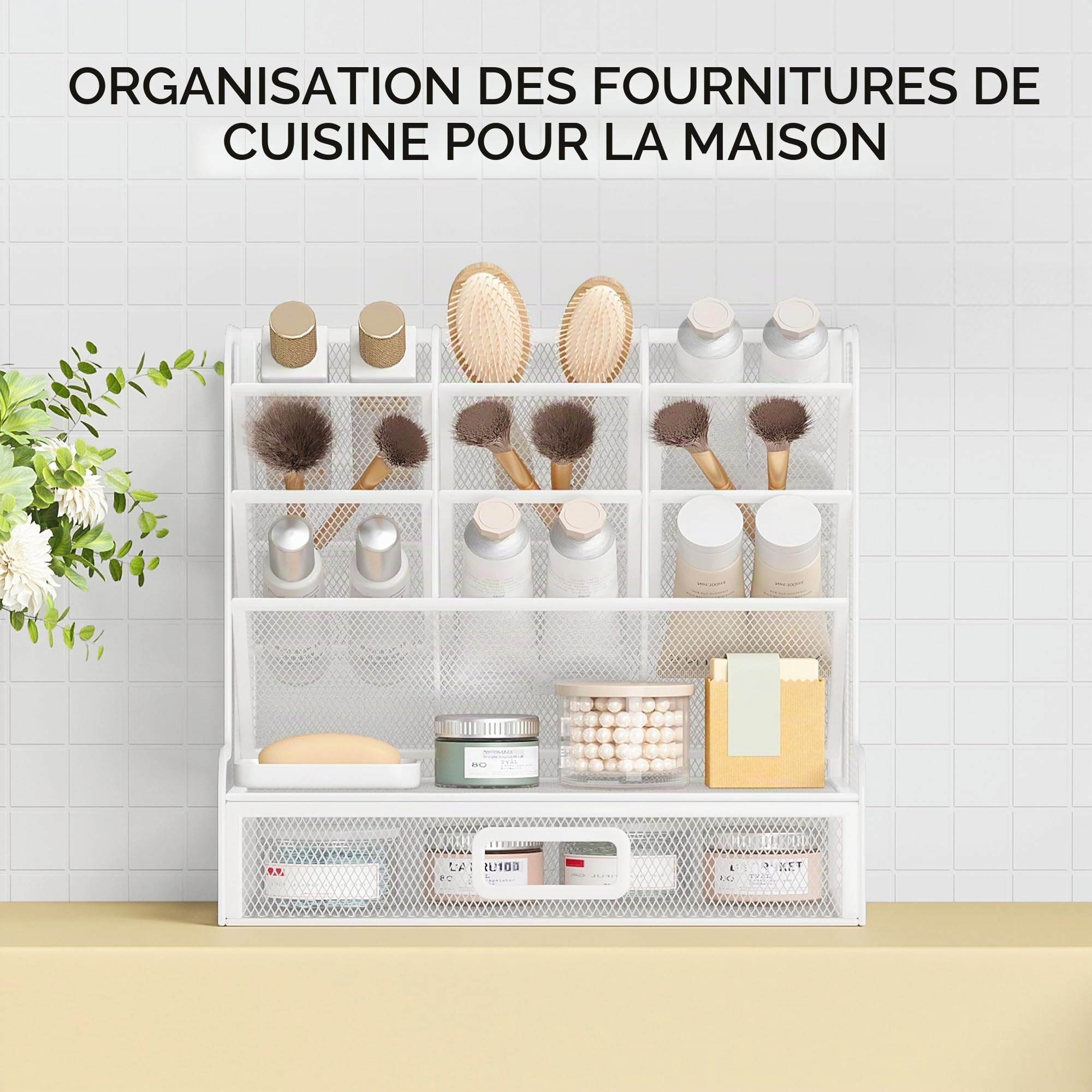 VITVITI Organiseur de Bureau à 4 Niveaux avec Tiroir, 10 Compartiments Porte-stylos pour le Rangement du Bureau - Blanc