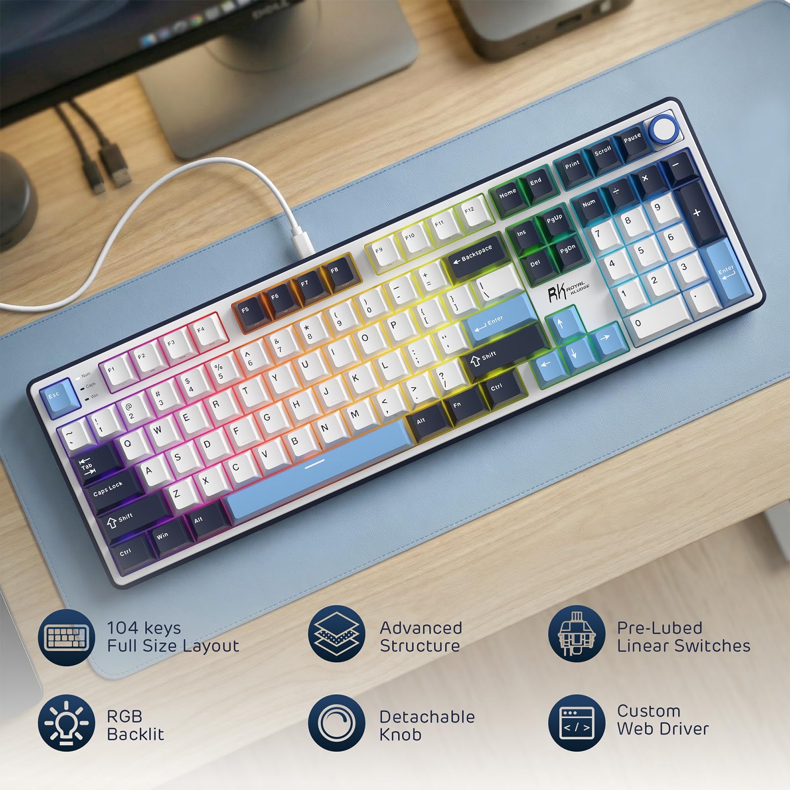 RK ROYAL KLUDGE X104 Mechaniczna klawiatura przewodowa, 104-klawiszowa klawiatura RGB do gier USB-C, możliwość gorącej wymiany, klawisze PBT, profesjonalne oprogramowanie, niestandardowy przełącznik