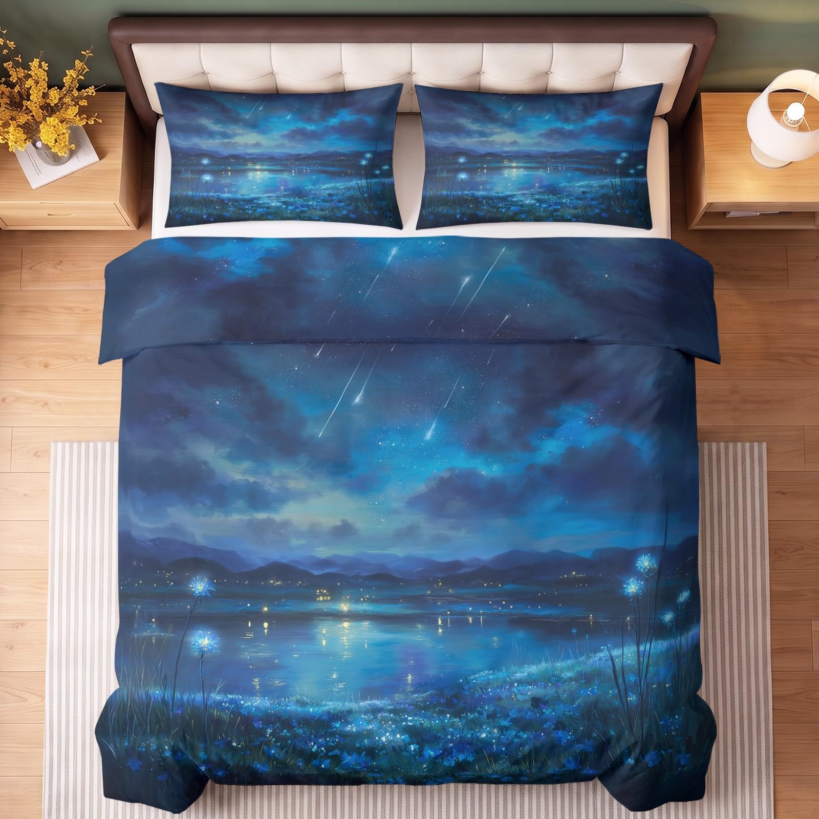 Generisch Pościel 200 x 220 cm, 3-częściowy zestaw pościeli dla dzieci, z mikrofibry, z zamkiem błyskawicznym, łąki, jezioro, popularna, miękka, dla chłopców i dziewczynek, niebieska pościel z 2