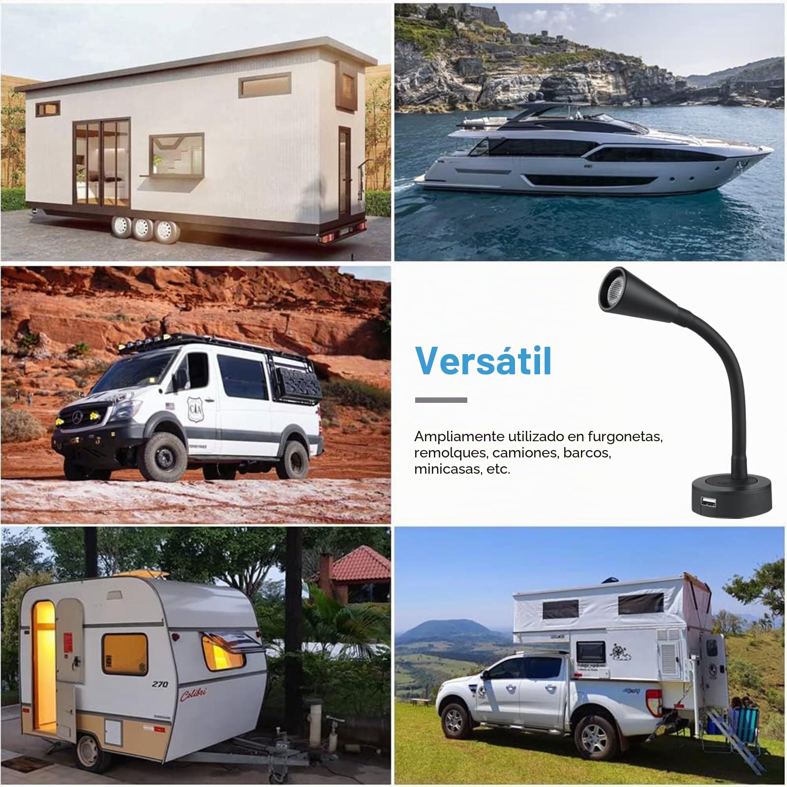 acegoo 2 x Lámpara de Lectura LED 12V Autocaravana Regulable Lámpara de Cama Cuello de Cisne Flexible 3200K DC 24V avec USB para Caravana Barco Camión Furgoneta Remolque Interior Montaje en Superficie