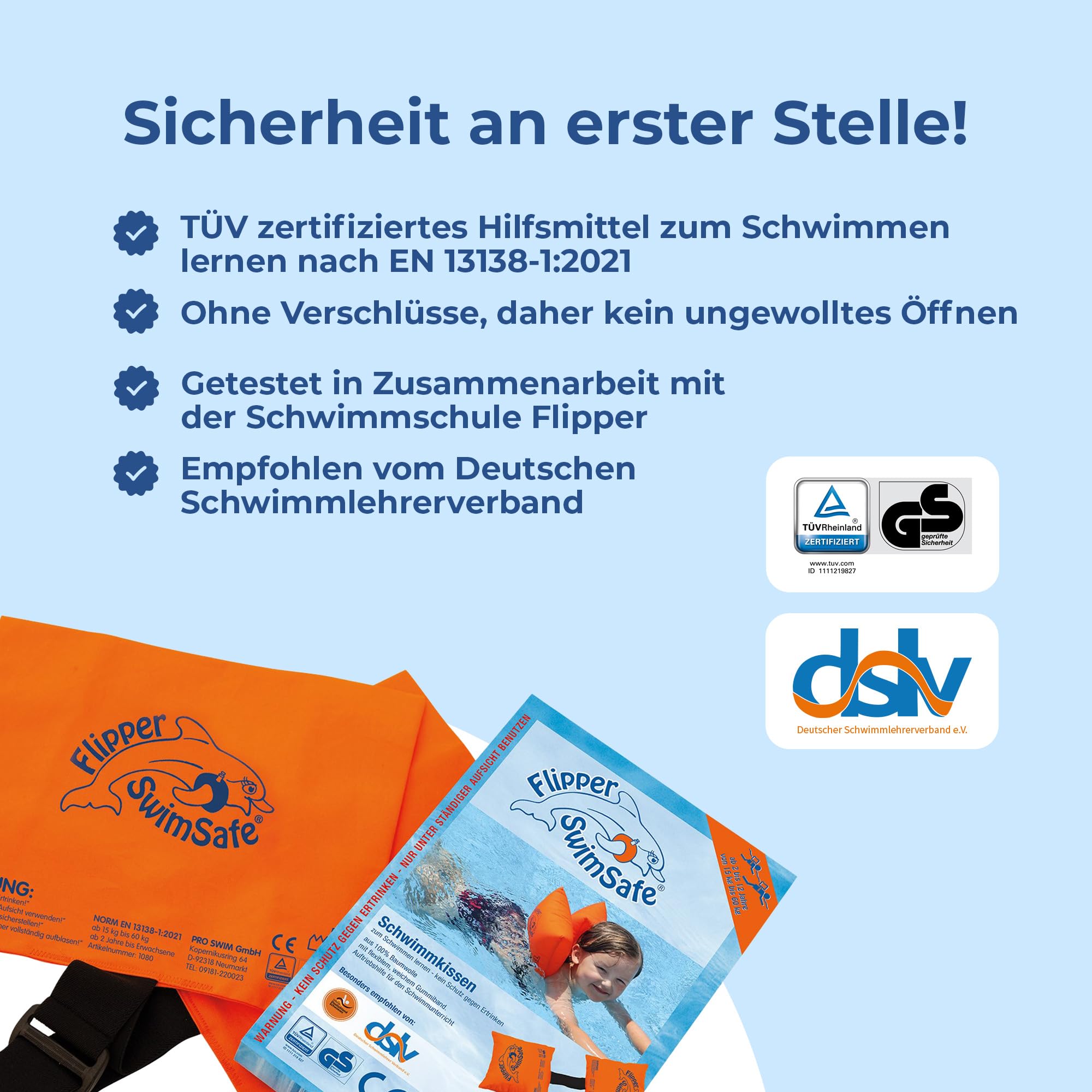 Flipper SwimSafe 1080 - Schwimmkissen für Kleinkinder aus Baumwolle, sichere Schwimmhilfe mit verstellbarem Gummiband zum Schwimmen lernen, Orange