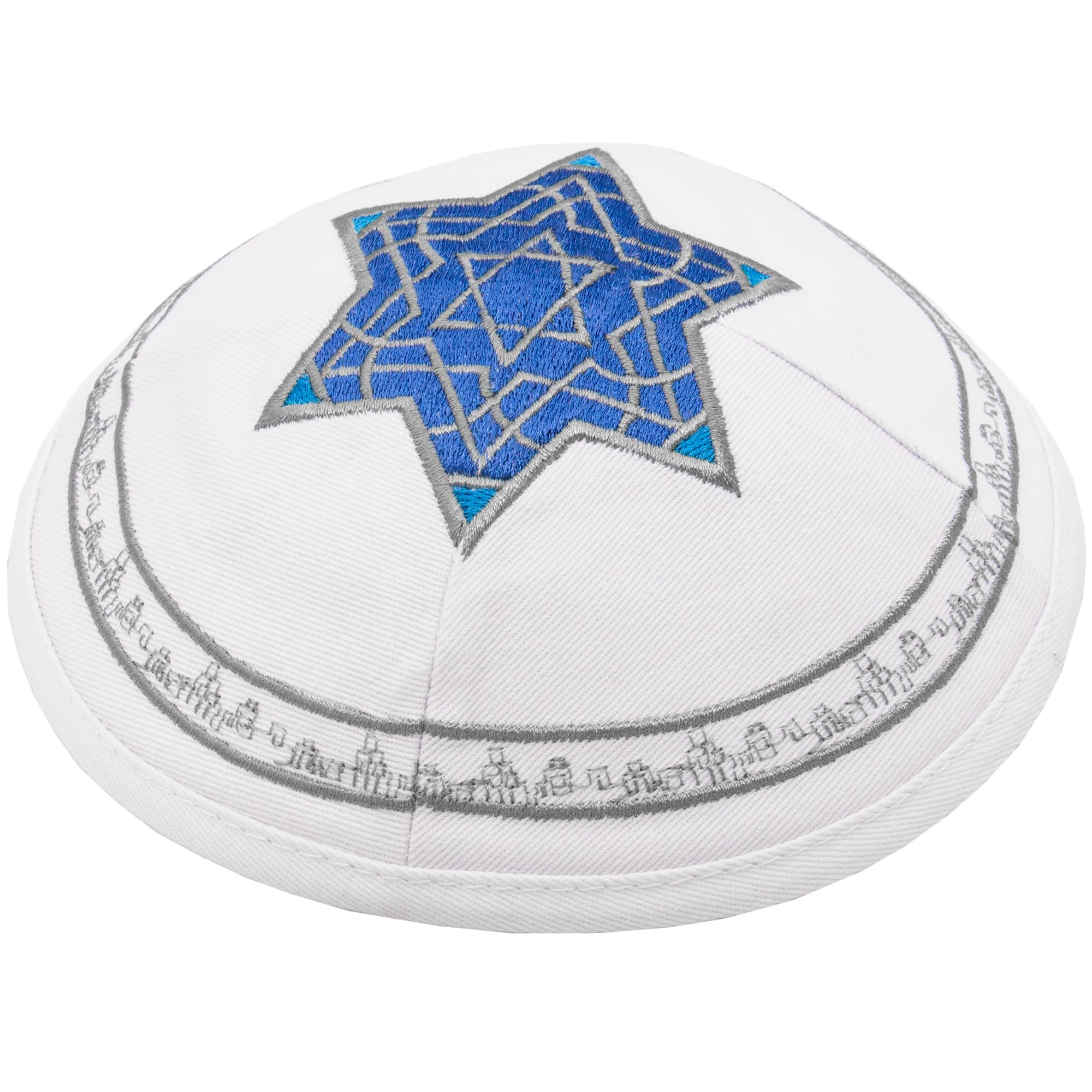 HolYudaica Hq 19cm Cotton Kippah with Big Silver Star of David Embroidery for Men & Boys, Yamaka Hat from Israel (White Base)