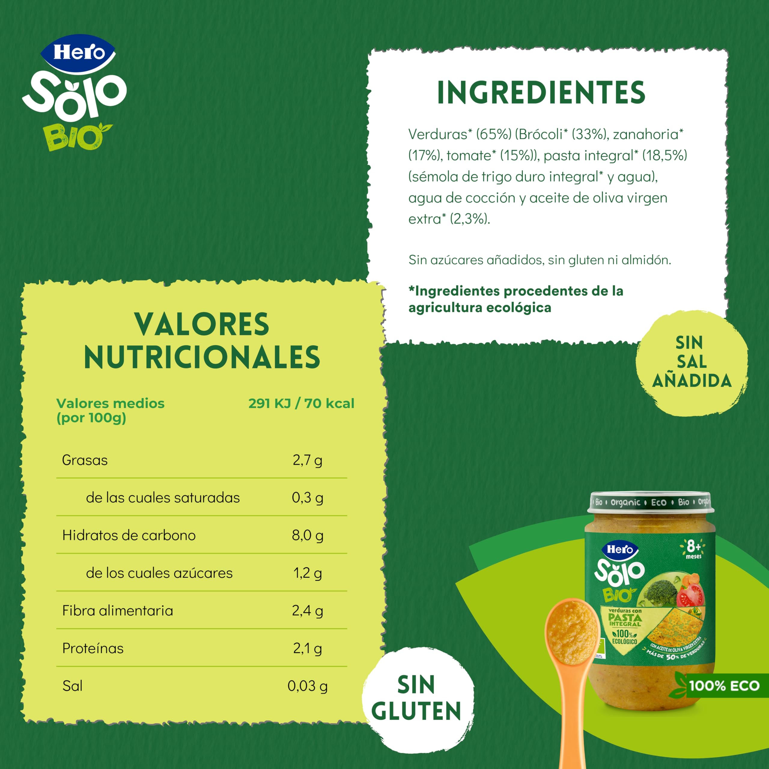 Hero Solo Potitos de Verduras con Pasta Integral 100% Eco y nada más, Apto para Veganos y Bebés Desde 6 Meses - Pack de 12 x 190 gr