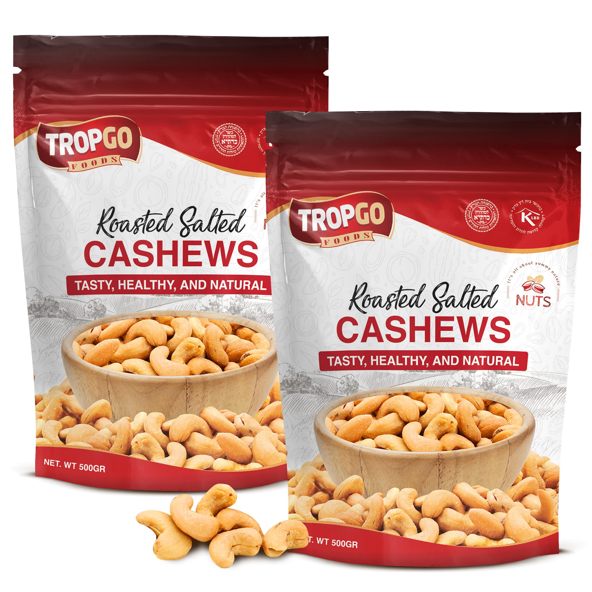 Tropgo Roasted Cashew Nuts 2 × 500g (1KG) - Packed Fresh, Lightly Salted Cashew Nuts with Fibre, Protein and Minerals, Perfect for Snacking - Kosher Approved Cashews - Bulk Buy Nuts