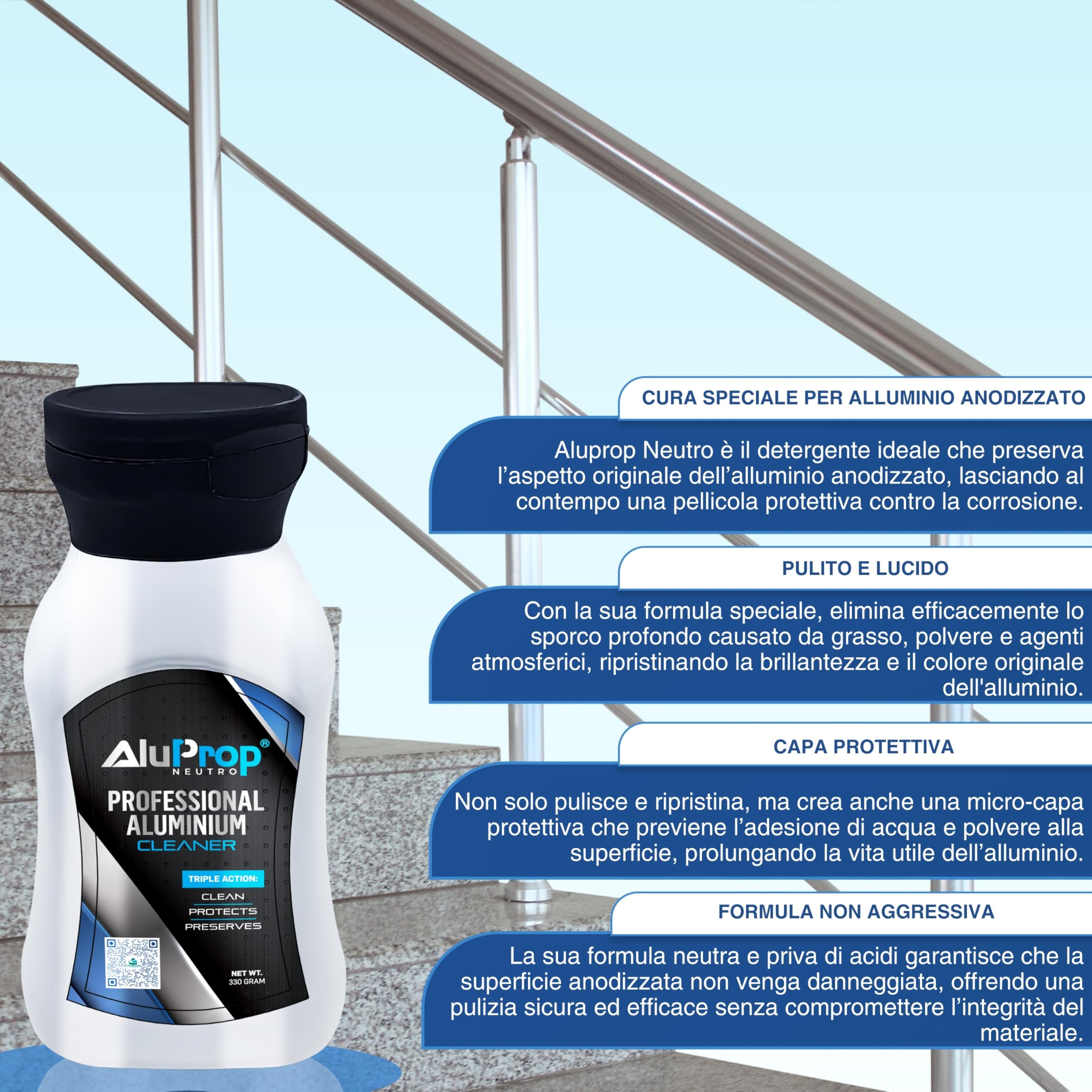 NEUTRO 8 x 330 g | Detergente per alluminio anodizzato e verniciato a polvere | Rinnova lucentezza e colore | Finestre, porte e telai | Senza acidi | Pulizia esterna dell’alluminio