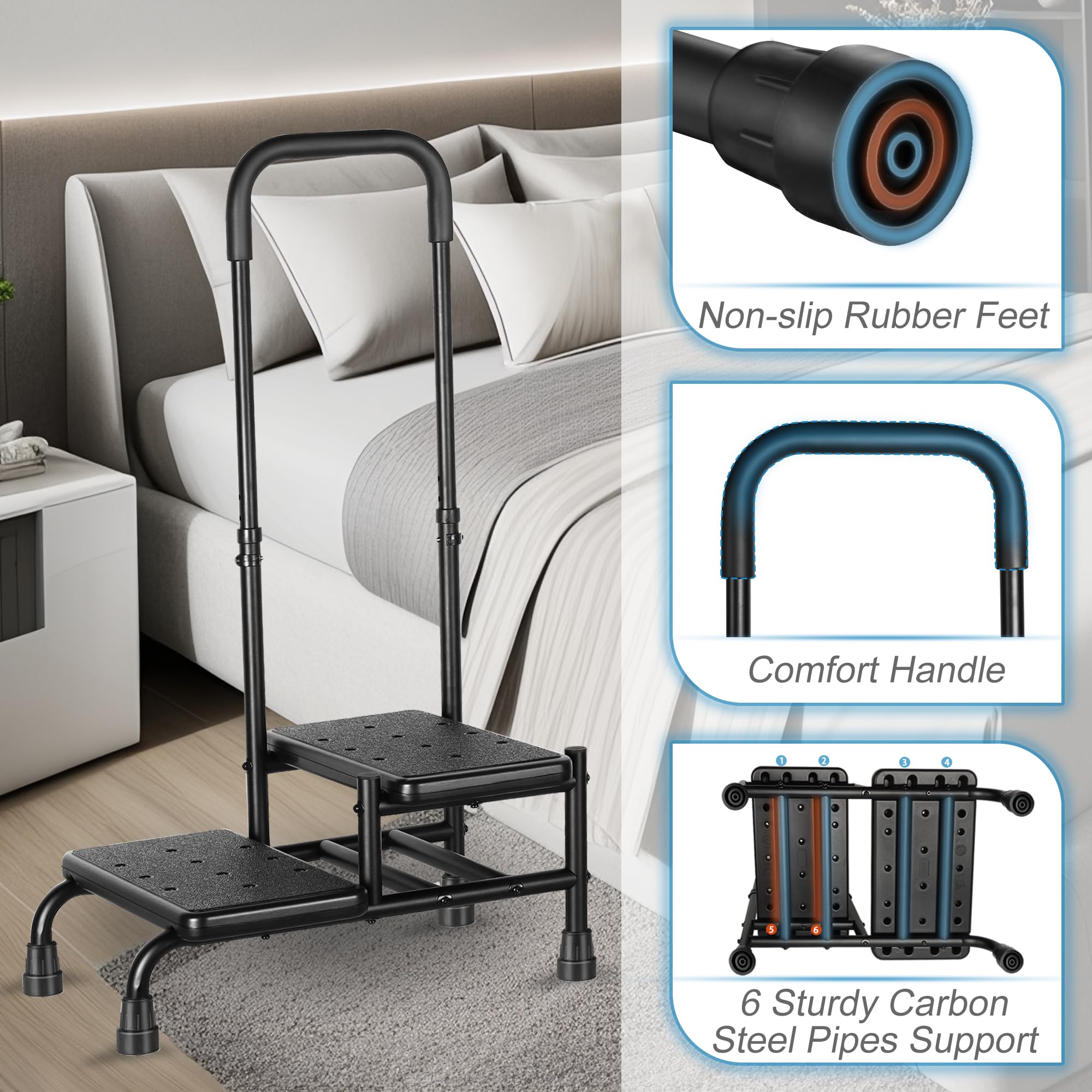 REAQER Taburete con asa para adultos, taburete médico de 2 escalones con pasamanos para adultos, personas mayores, discapacitados, soporta hasta 350 libras (negro)