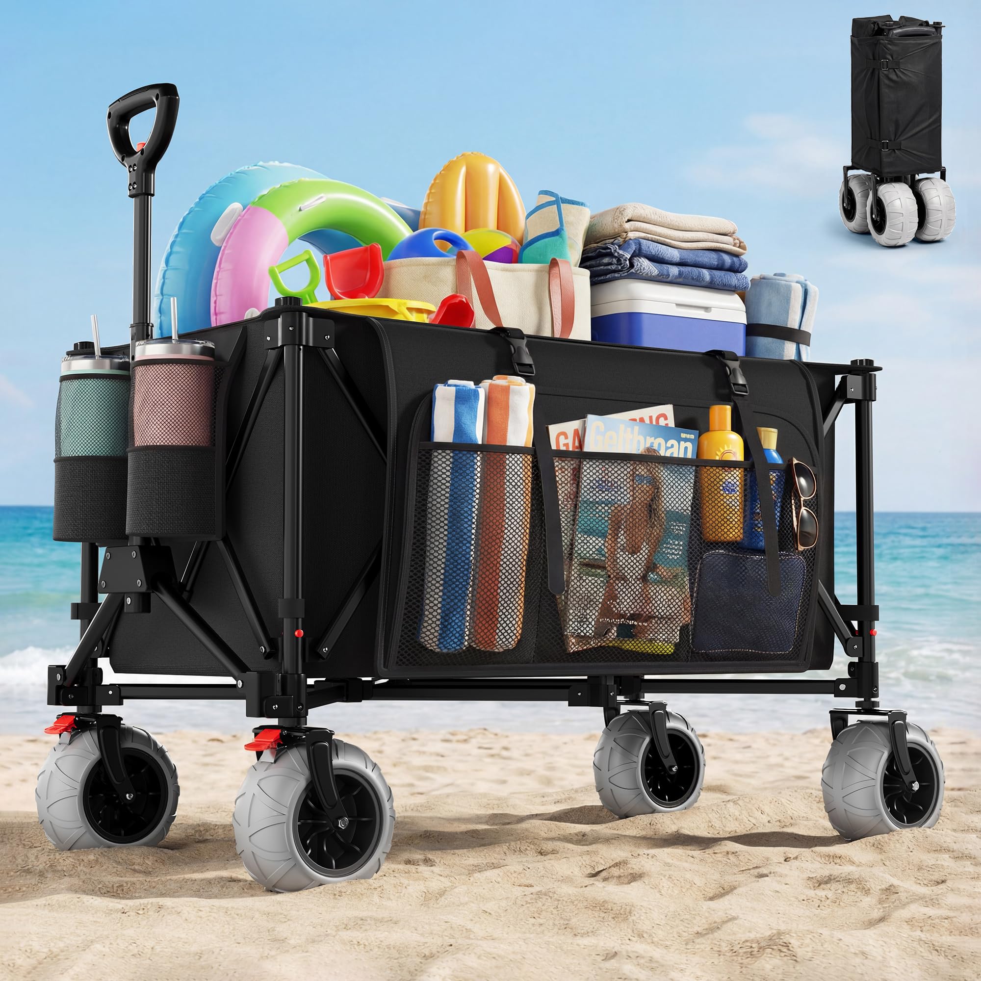 Devoko Carro Playa Plegable con Ruedas Todoterreno 200L 150 kg,Carrito Playa de PU extraanchas 21,5x10 cm, Carro para la Playa | asa Ajustable giratoria 90°para Playa,Camping,Compras(Negro)