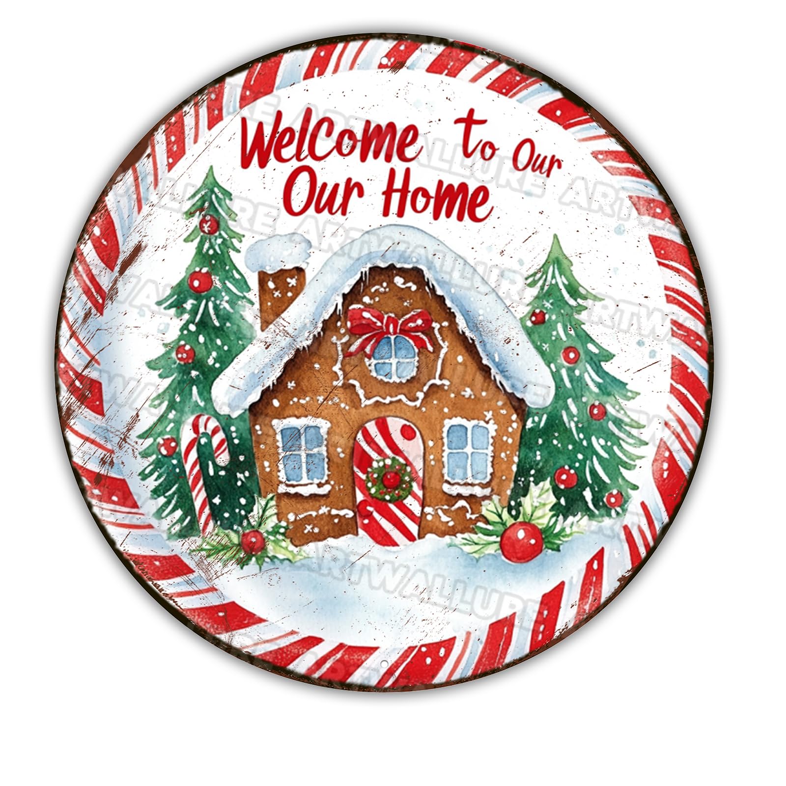 Gingerbread Man Welcome Sign Christmas Wreath Sign Round, Fun Home Decor for Front Door, Kitchen Wall, and Festive Porch Decorations 12x12Inch
