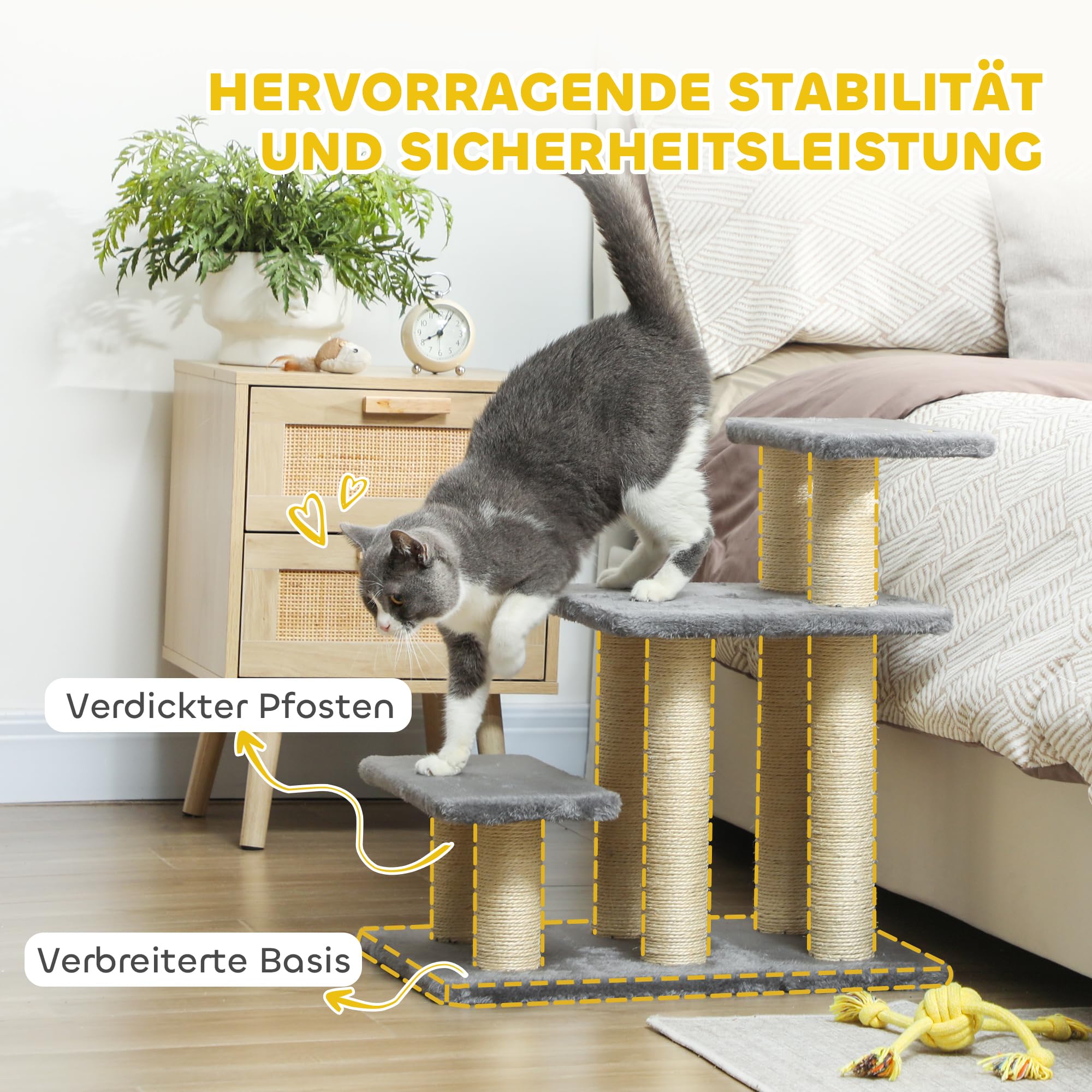 PawHut Hundetreppe 3 Stufen 54 cm Hoch Haustiertreppe für Kleine Hunde Katzentreppe Hunderampe mit Sisal Kratzbäumen, Spielball, Einstiegshilfe für Bett, Sofa, Couch und Auto Grau