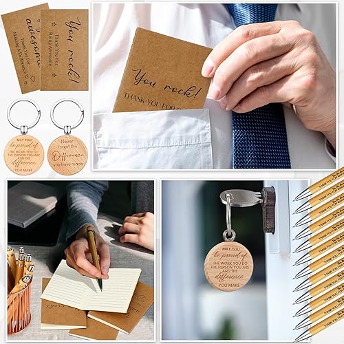 Miniatura 6 de SATINIOR Regalos de agradecimiento para empleados, bolígrafos retráctiles de bambú retráctiles, llaveros inspiradores de madera, cuadernos de papel