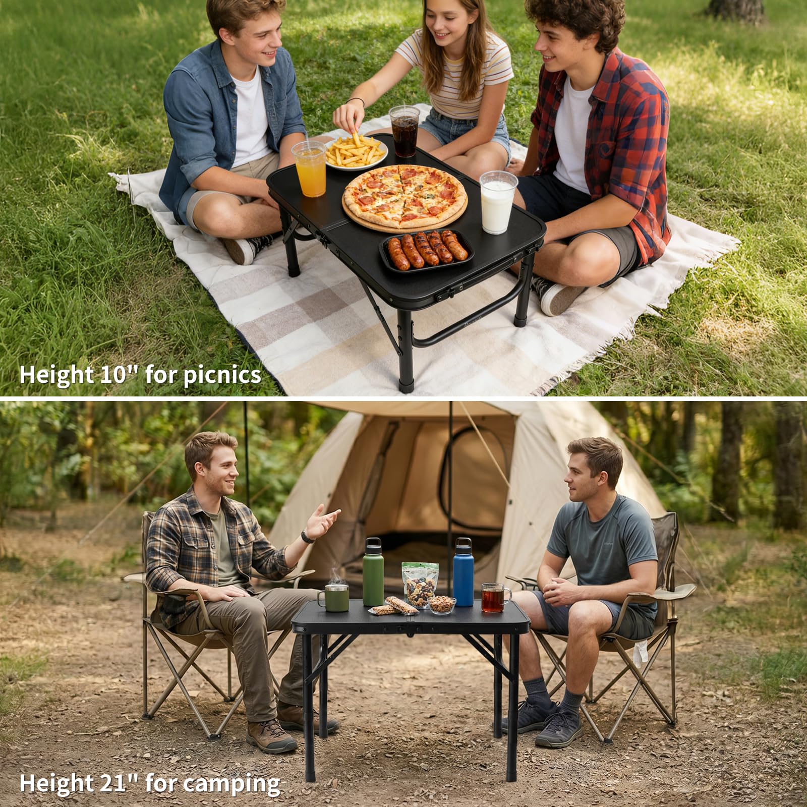 Table Pliante Compacte 60x40 cm 2 Hauteurs Réglables 26 55 cm Plateau MDF Noir Mat Pieds Aluminium Léger Poignée Transport pour Camping Pique-Nique Balcon Jardin
