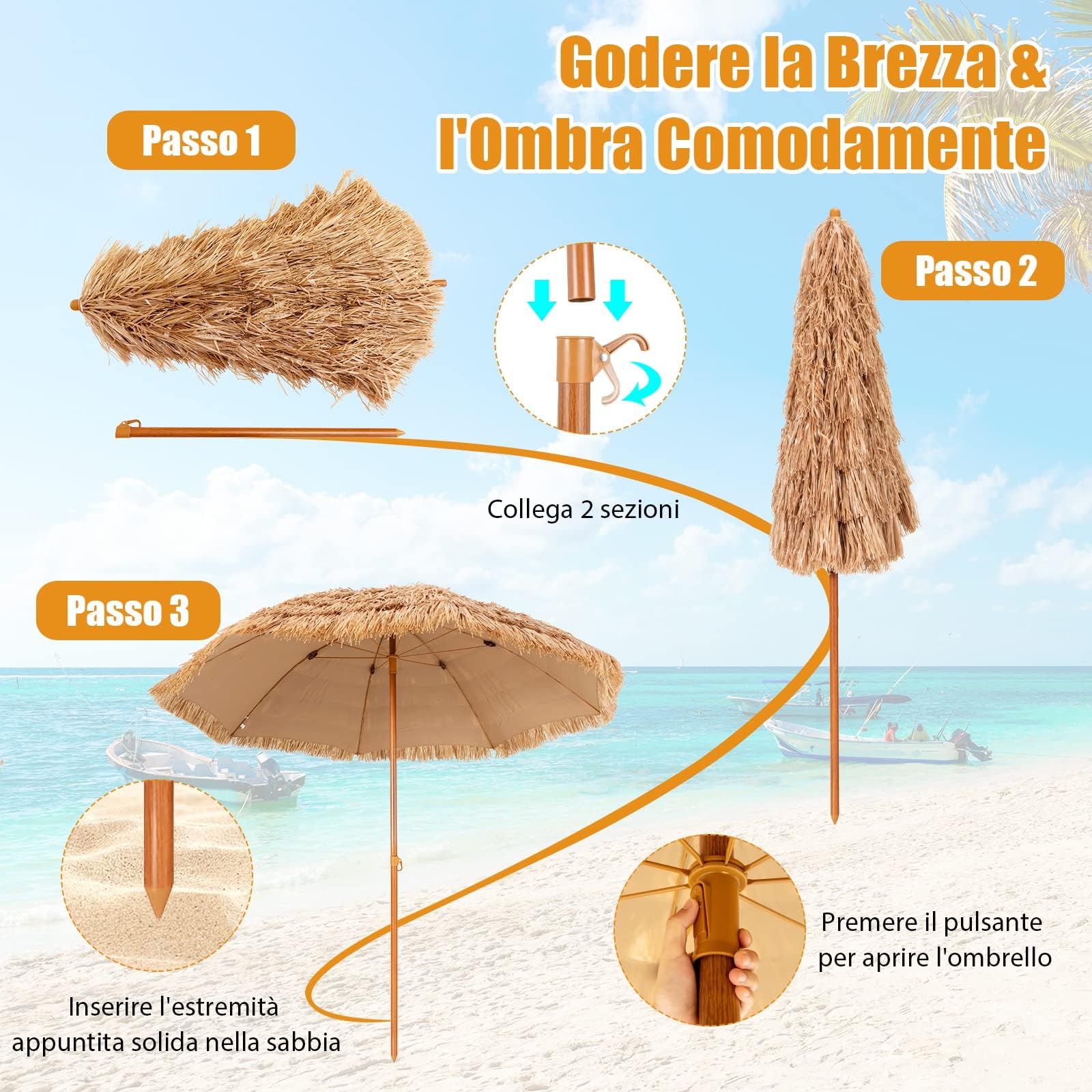 RELAX4LIFE Ombrellone da Spiaggia 200cm, Parasole Hawaiano in Paglia Simulata, Palo, Ideale per Spiaggio, Giardino e Balcone (205 cm)
