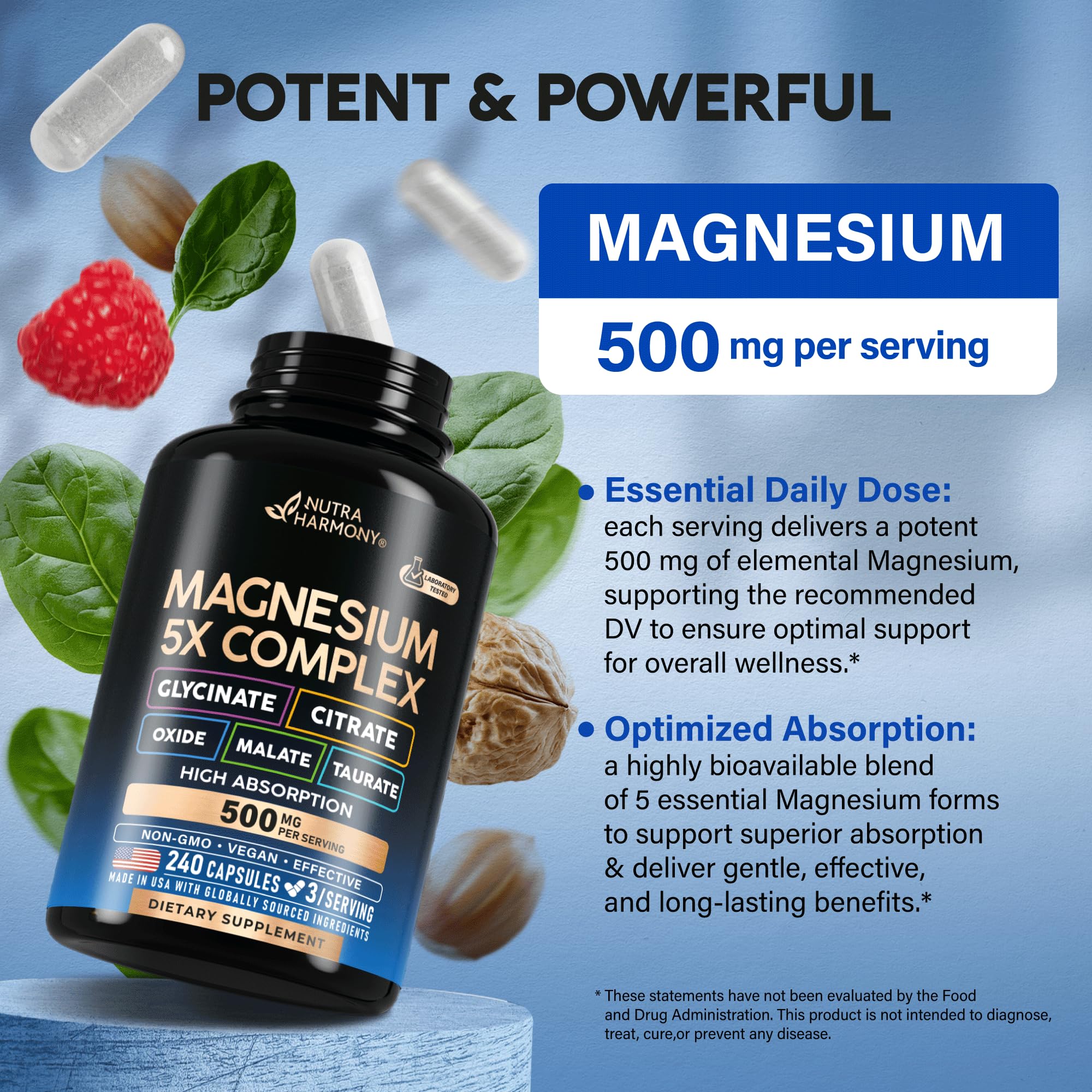 Magnesium Supplement - 5 in 1 Complex 500 mg | Glycinate | Citrate | Malate | Taurate | Oxide - Made in USA - Stress, Muscle & Heart Support - Vegan, Natural, Non-GMO - 240 Capsules