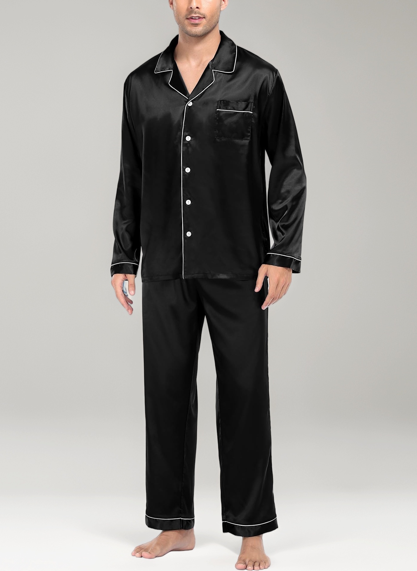 SWOMOG Mens Satin Pyjamas Set Long Sleeve Button Down Sleepwear Silk Pyjama Set Men Blouse and Long Pants PJs