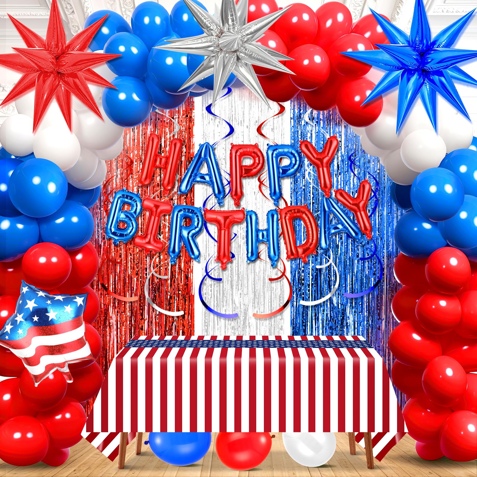 Red White and Blue Birthday Decorations 4th of July Patriotic Birthday Party Supplies Red White Blue Balloon Garland Arch Kit Fringe Curtains