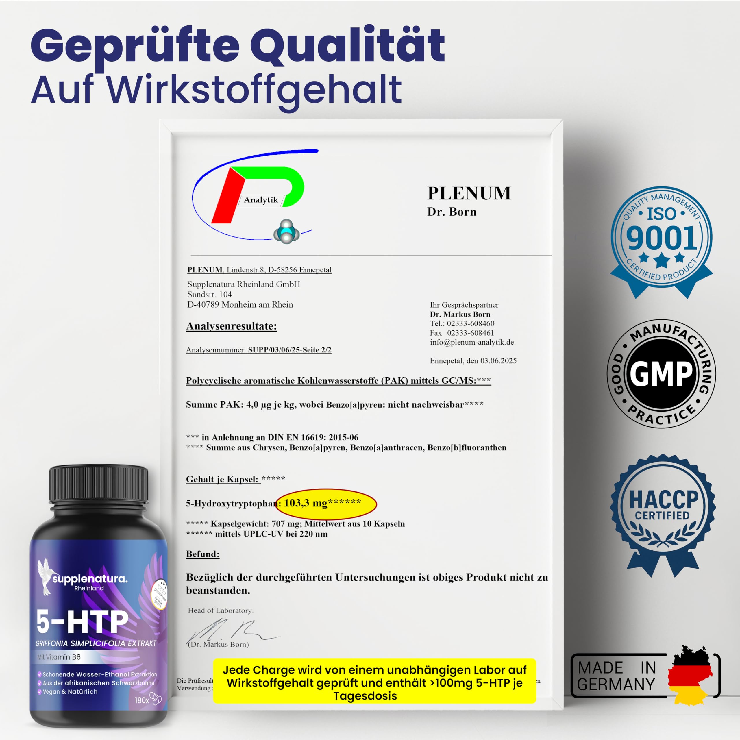 5 HTP (Serotonin) 180 Kapseln á 500mg | 100% PFLANZLICHES Griffonia | 6 Monatsvorrat | Laborgeprüft & in DE Produziert | 5HTP von SUPPLENATURA®