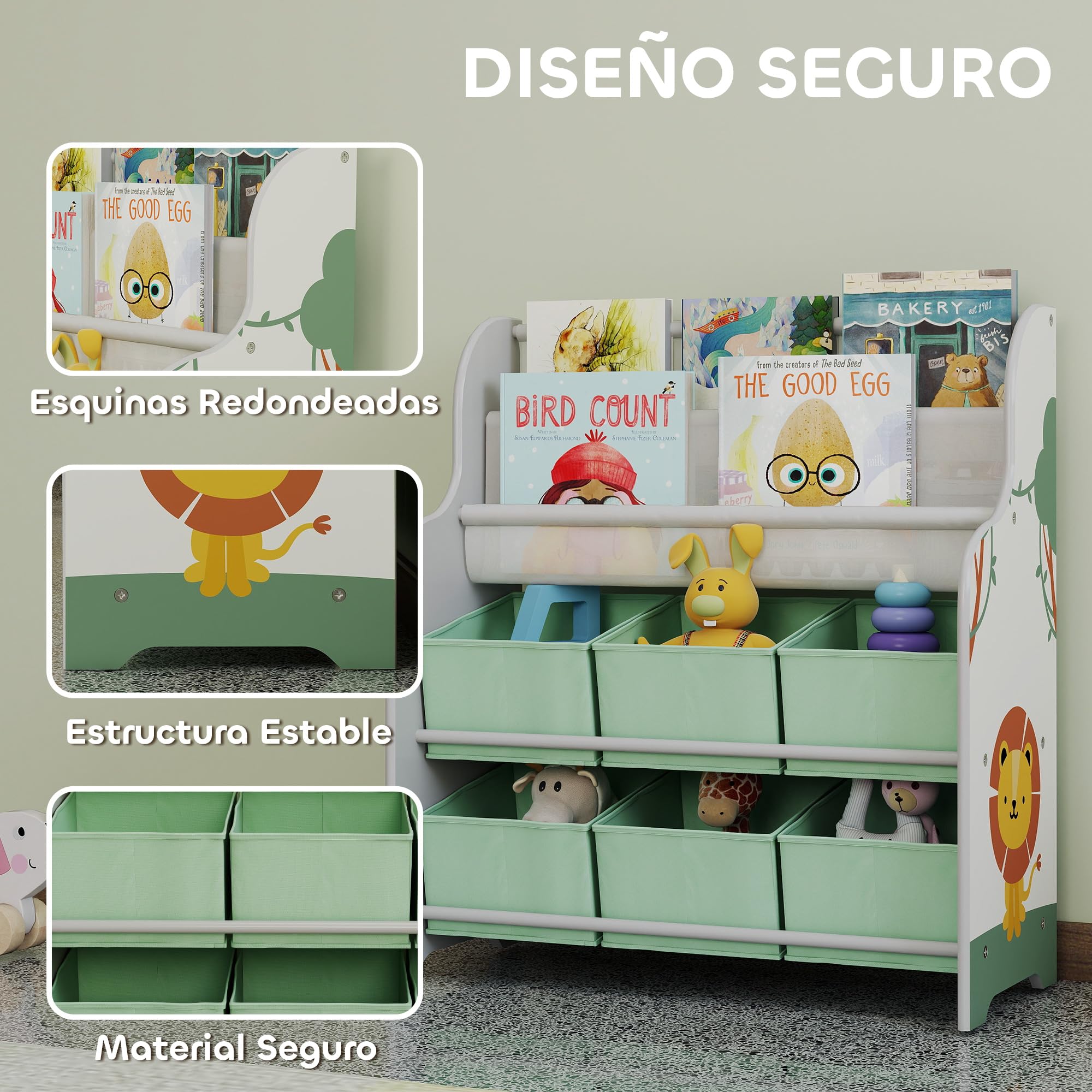 AIYAPLAY Estantería Infantil para Juguetes, con 6 Cajas Extraíbles de Tela no Tejida, Organizador de Juguetes con 2 Estantes, para Habitación Infantil, Sala de Juegos, Guardería, 63x30x71 cm, Verde