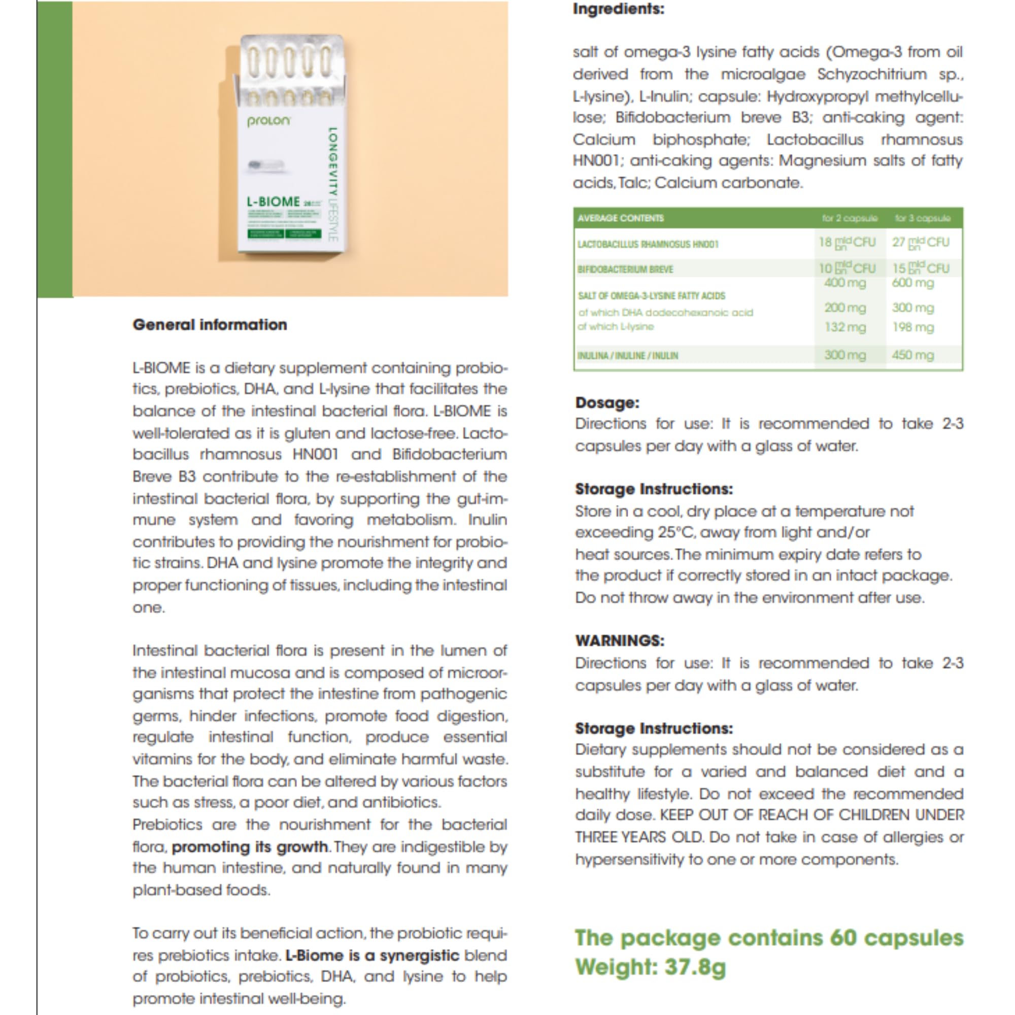 ProLon – L-Biome – 60 Capsule - Supporta Salute Intestinale- Probiotici e Prebiotici – Inulina – Lisina – Migliora la Digestione – Made in Italy