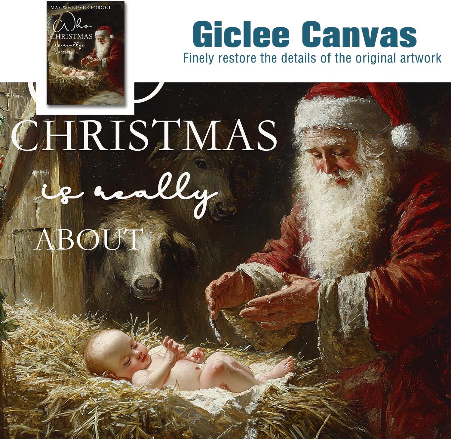 vandlife Large Vintage Christmas Canvas Wall Art Santa Claus and Baby Jesus Painting True Meaning of Christmas Birth of Jesus Poster Prints for Living Room Bedroom Kitchen Decor Framed 12x16in image 3