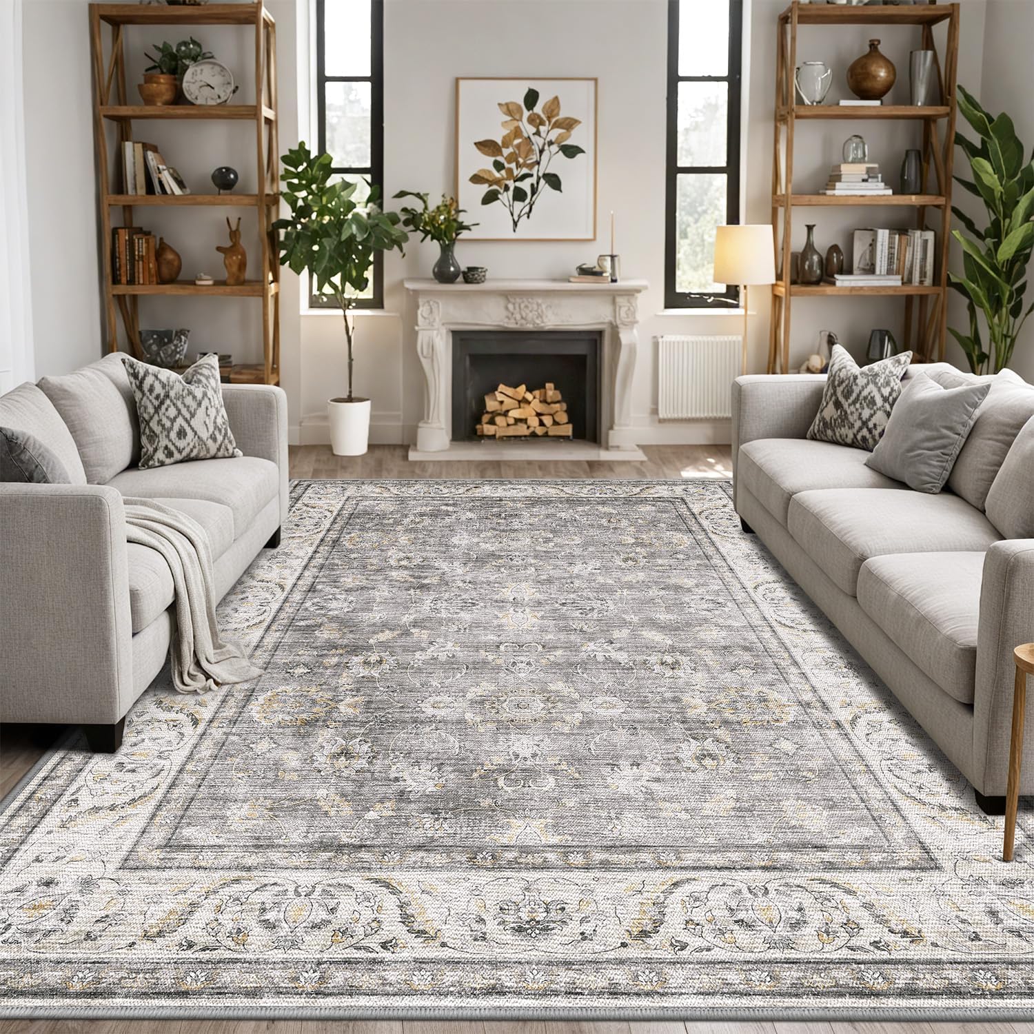 Teppich Wohnzimmer 120x180cm Teppich Waschbarer Kurzflor rutschfest Weich für Schlafzimmer Küche Esszimmer Büro Traditionelles Vintage-Grau