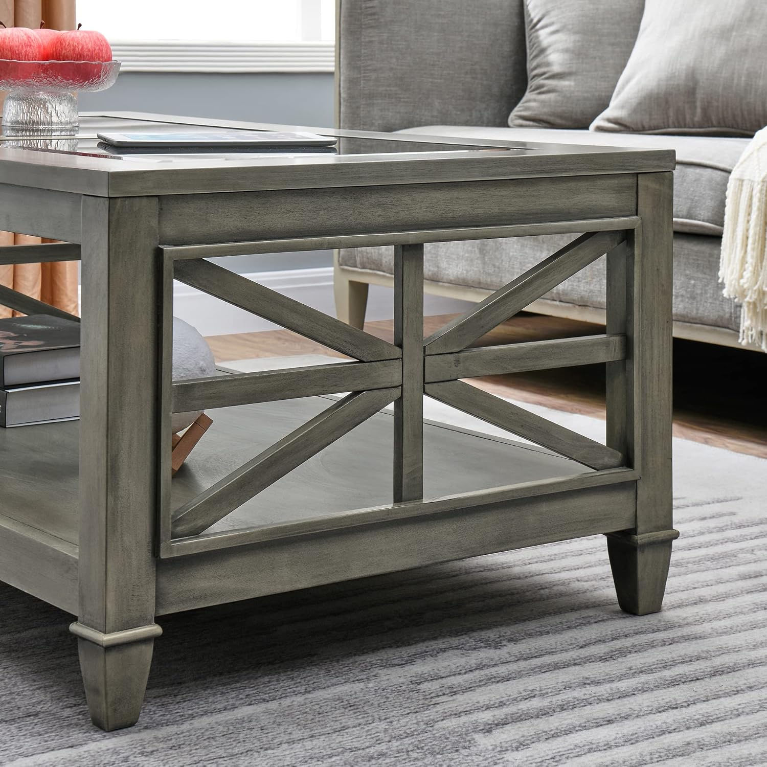 LEEMTORIG Glass Solid Wood Coffee Table, Modern Farmhouse Coffee Table with Storage, Rustic Wood Coffee Table for Living Room with Open Storage Shelf, 45.5"x26"x19", Grey Wash KFZ-1318-AN