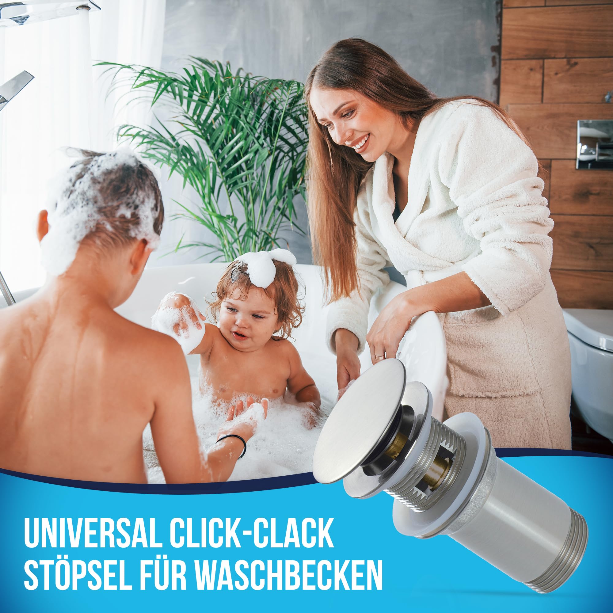 Ablaufgarnitur für Waschbecken mit und ohne Überlauf + Teleskop Siphon für platzsparendes Waschbecken | Click-Clack Ventil mit extra großem 68 mm Durchmesser | Pop Up Ablaufventil | Schwarz+Siphon