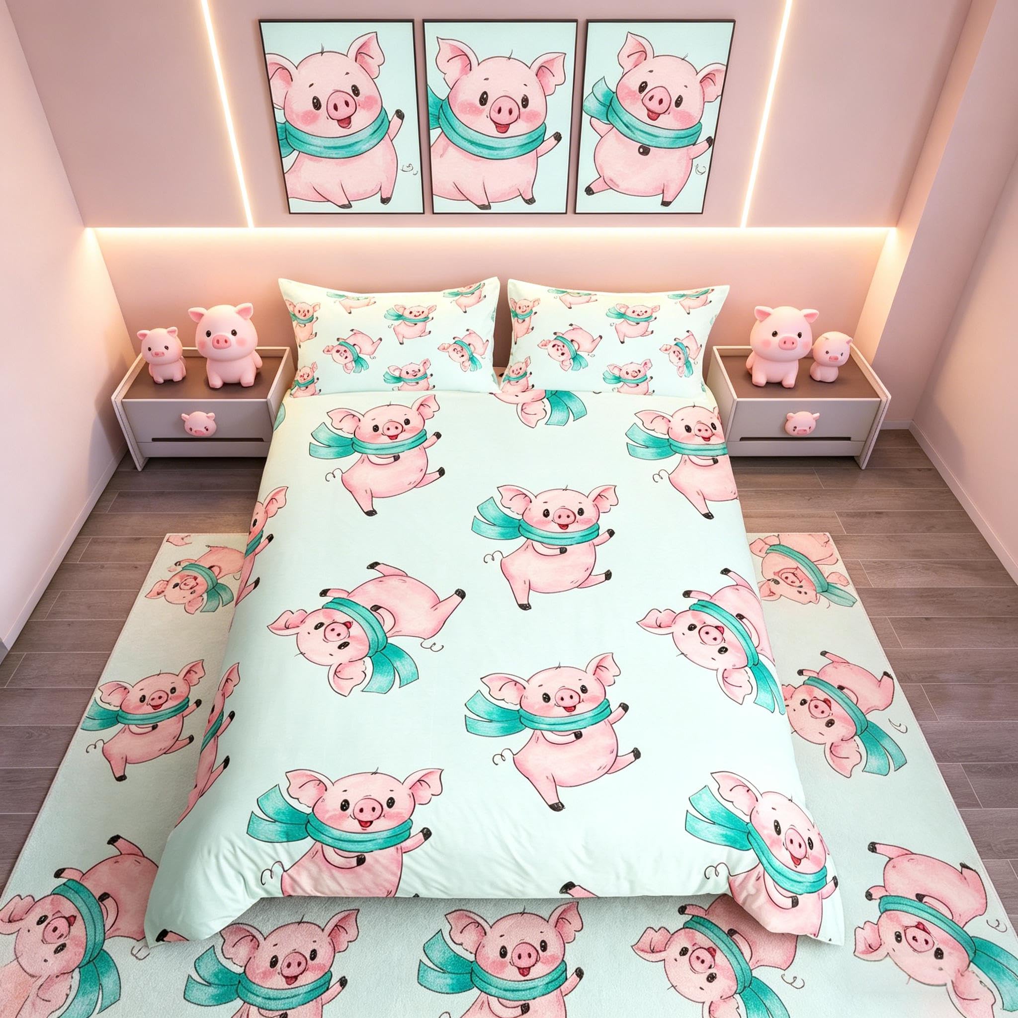Loussiesd Juego de ropa de cama con diseño de cerdito de cerdo, para niños y niñas, ligera, de caricaturas, cerdo rosa, tamaño individual