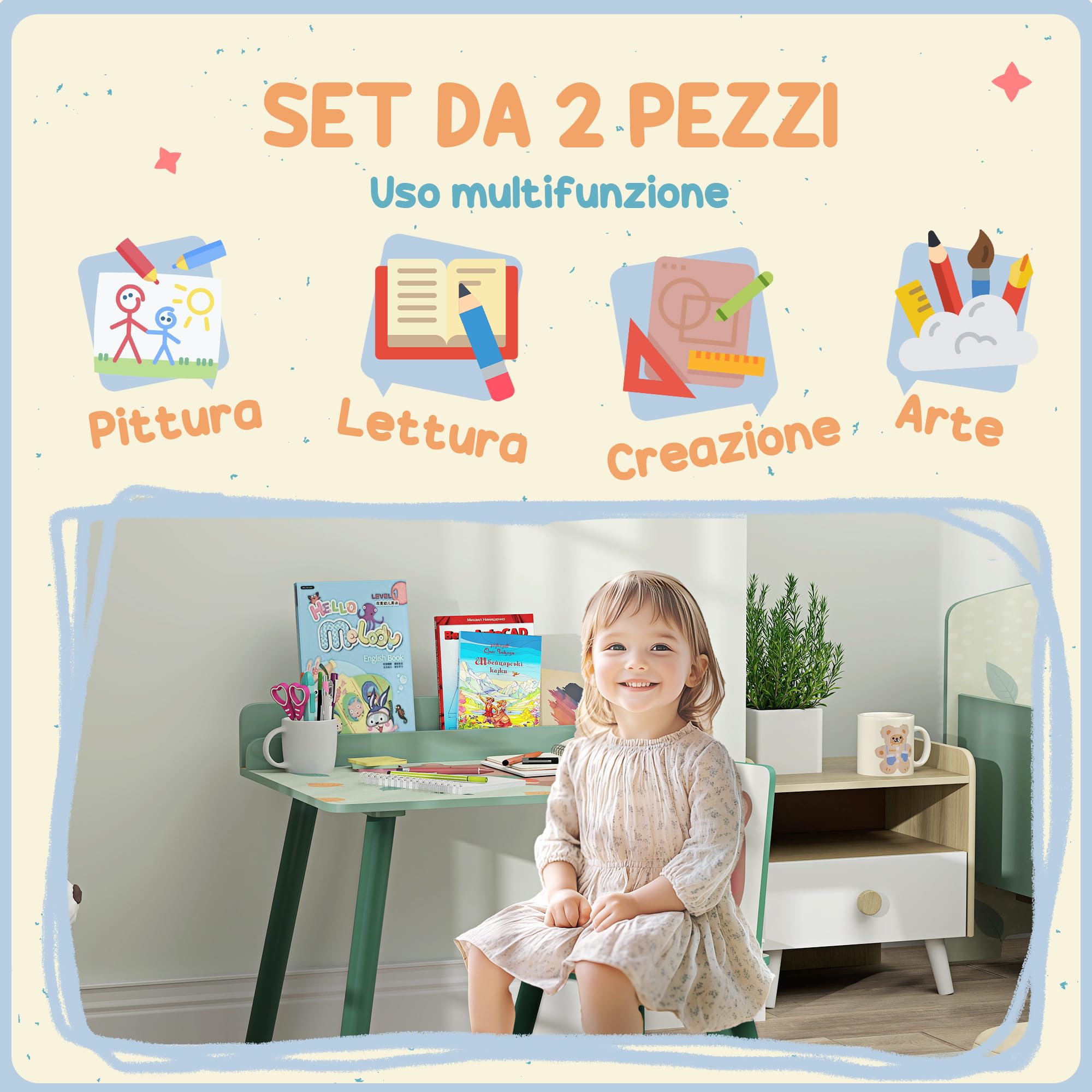 AIYAPLAY Set Sedia e Tavolino per Bambini con Ripiano Portaoggetti, Banco Scuola e Sedia in MDF e Legno di Pino, per Cameretta, Stanza da Gioco, Camera da Letto, Verde