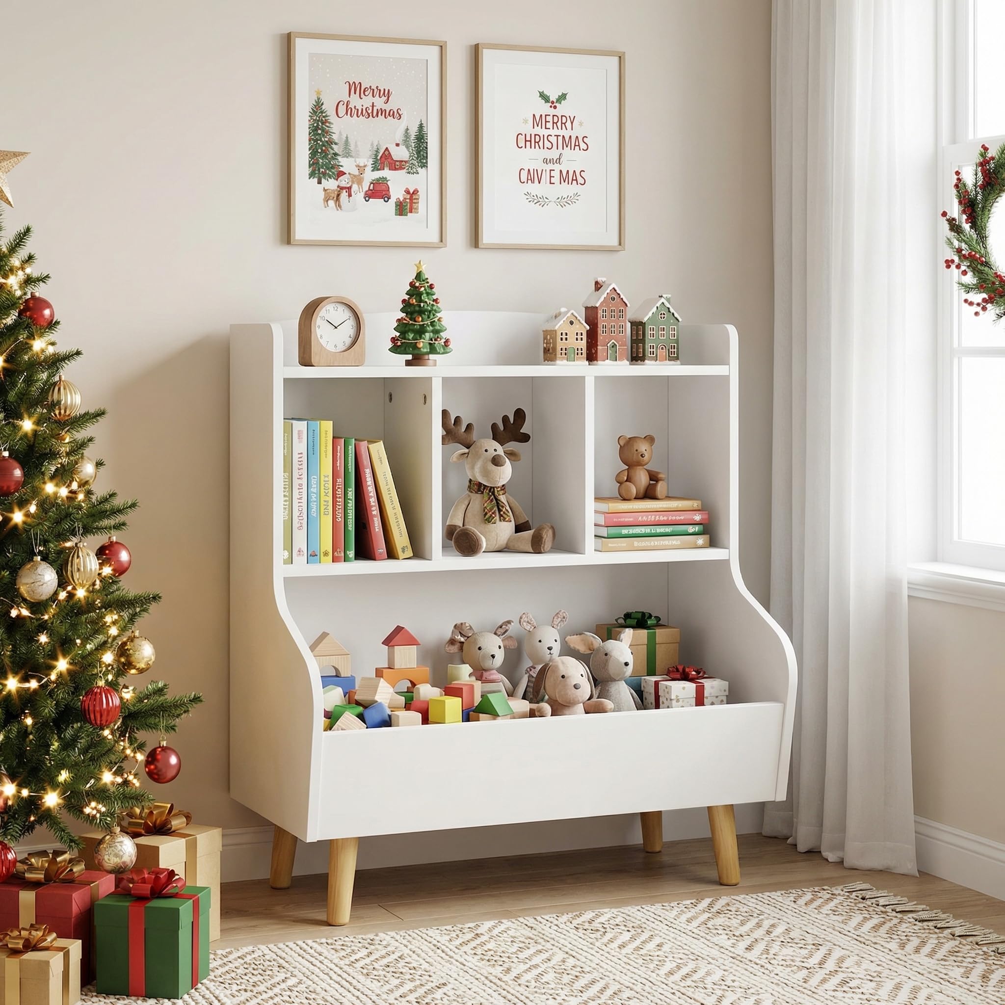 Estantería para niños con Almacenamiento de Juguetes - Biblioteca para niños, estantería de 3 Niveles con Patas, 5 Compartimentos para habitación de niños y de bebé, Blanca
