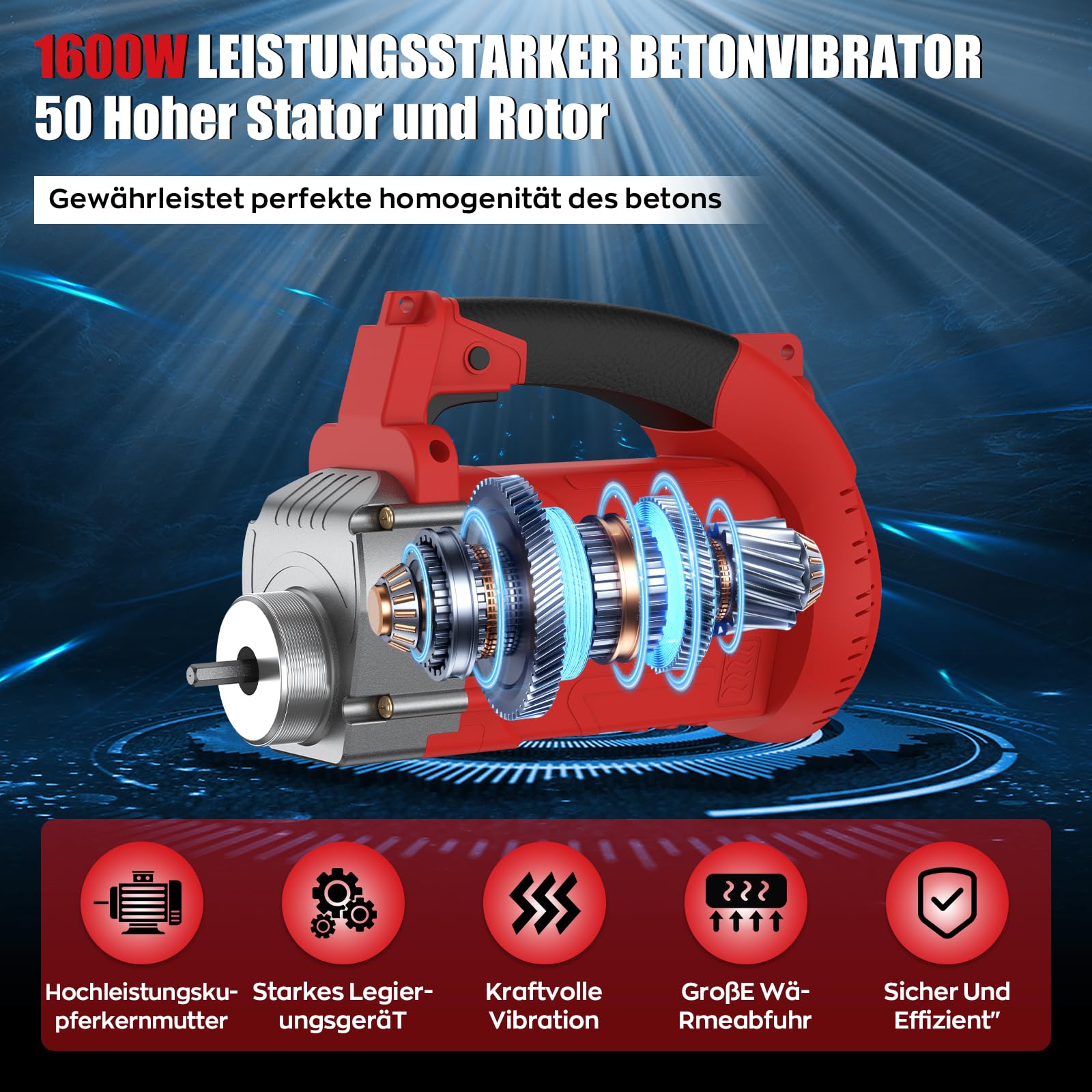 IMAYCC 1600W Vibratore per Calcestruzzo con cinghia regolabile, Vibratore da Costruzione Elettrico 5000 giri/min, Lunghezza asta Vibrante 2m, Diametro albero Vibrante 38mm, per Strade Tunnel Ponti