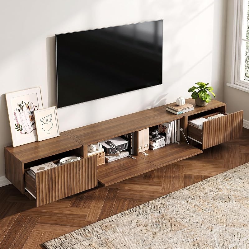98" TV Stands for Living Room, Fluted Entertainment Center, Walnut image 3