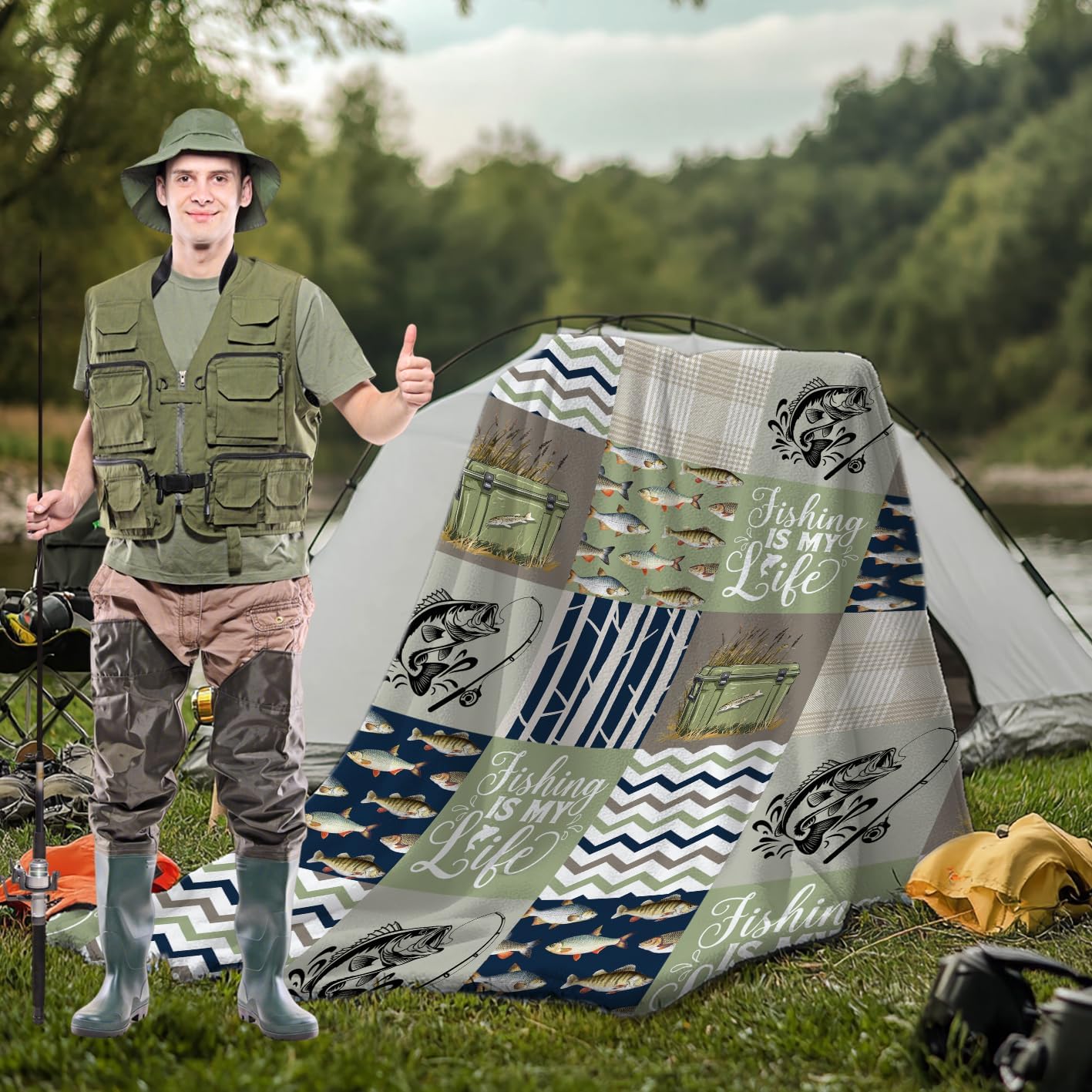 Fishing Blanket - Ultra Soft & Plush Fish Throw Decor for Couch, Travel, Office, Outdoor - Fishing Lover Gifts for Men Dad Grandpa - 50"x60"-Teens/Travel Size