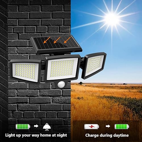 Miniatura 3 de Tuffenough Luces solares para exteriores de 2500 lm, 210 luces LED de seguridad con control remoto, 3 cabezales de luces con sensor de movimiento,